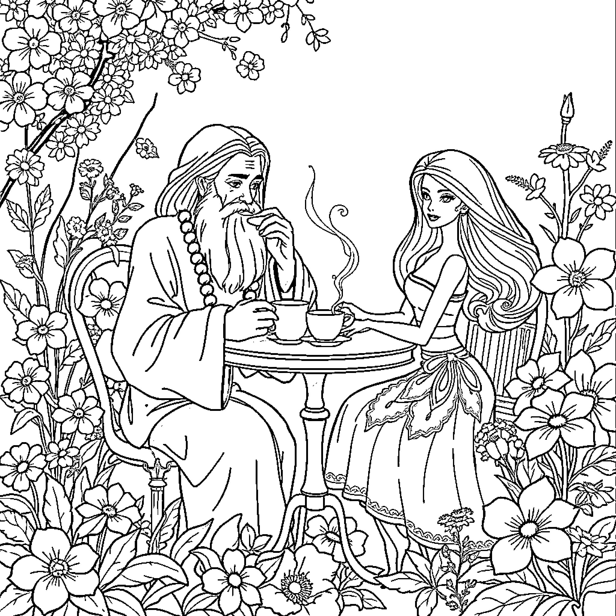 Rumi enjoying tea with a companion in a floral garden Coloring Page (free black-and-white line drawing printable PDF for all, from beginners to advanced learners, including children, teens, adults, and seniors)