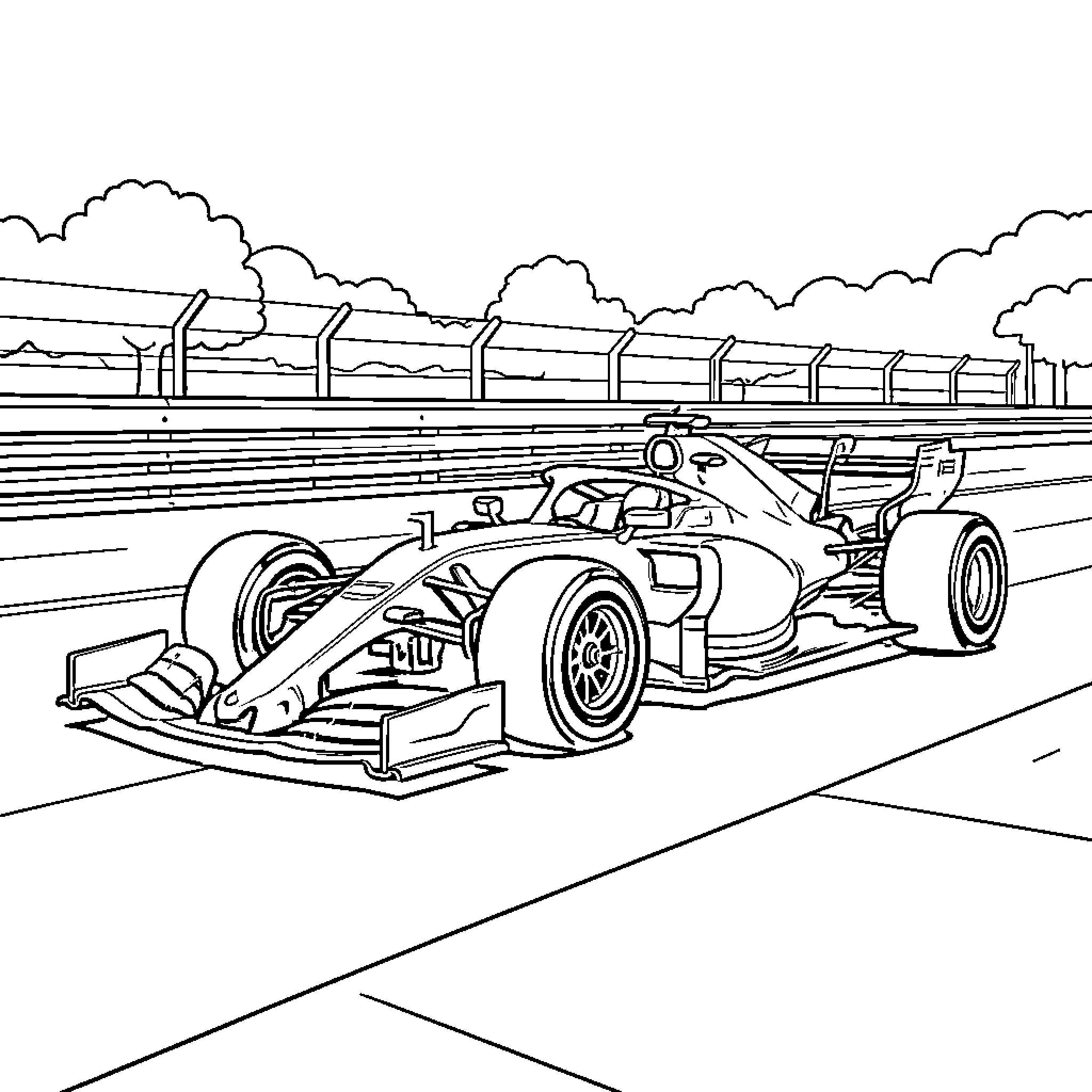 F1 Car driving fast on a racing track Coloring Page (free black-and-white line drawing printable PDF for all, from beginners to advanced learners, including children, teens, adults, and seniors)