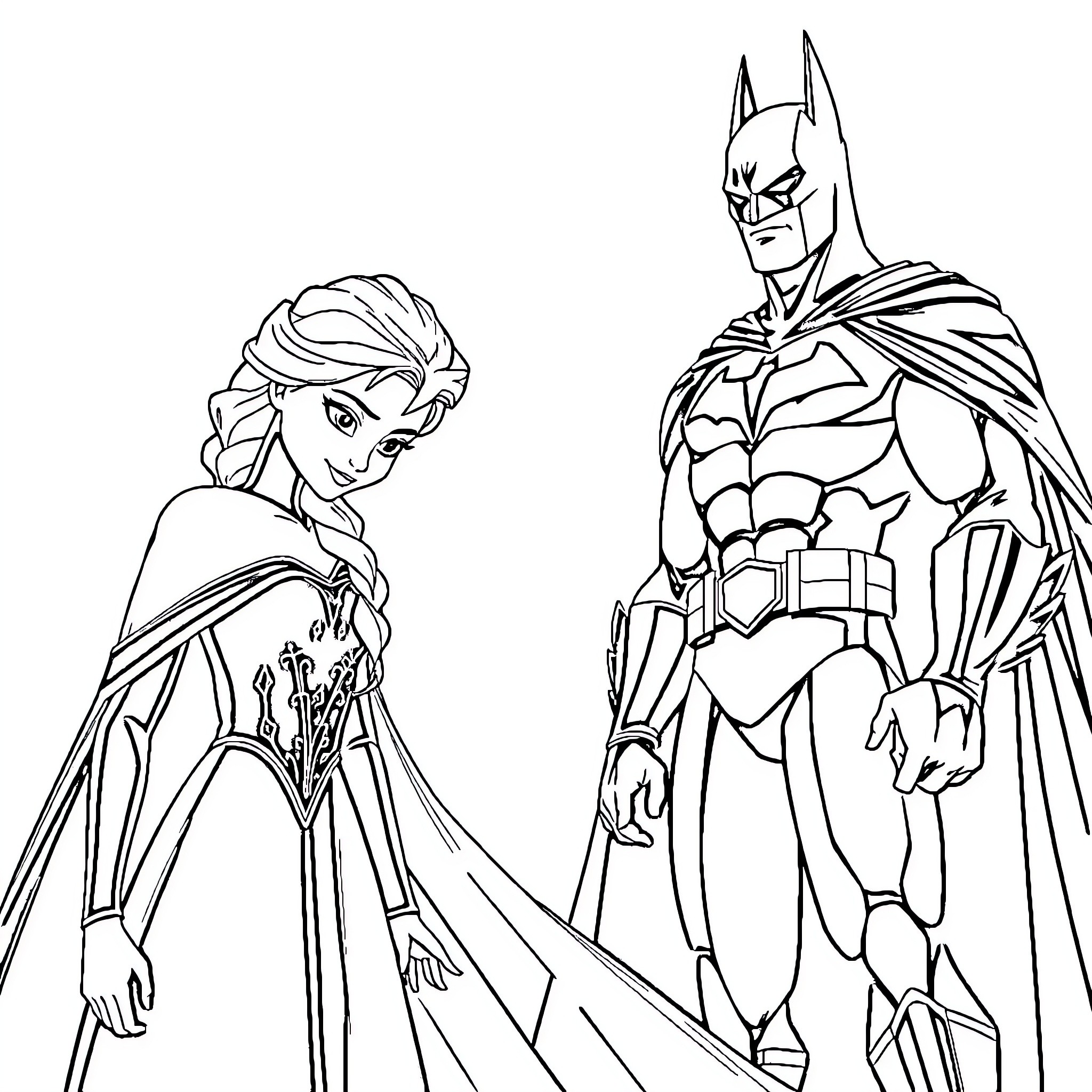 Elsa and Batman in heroic poses Coloring Page (free black-and-white line drawing printable PDF for all, from beginners to advanced learners, including children, teens, adults, and seniors)