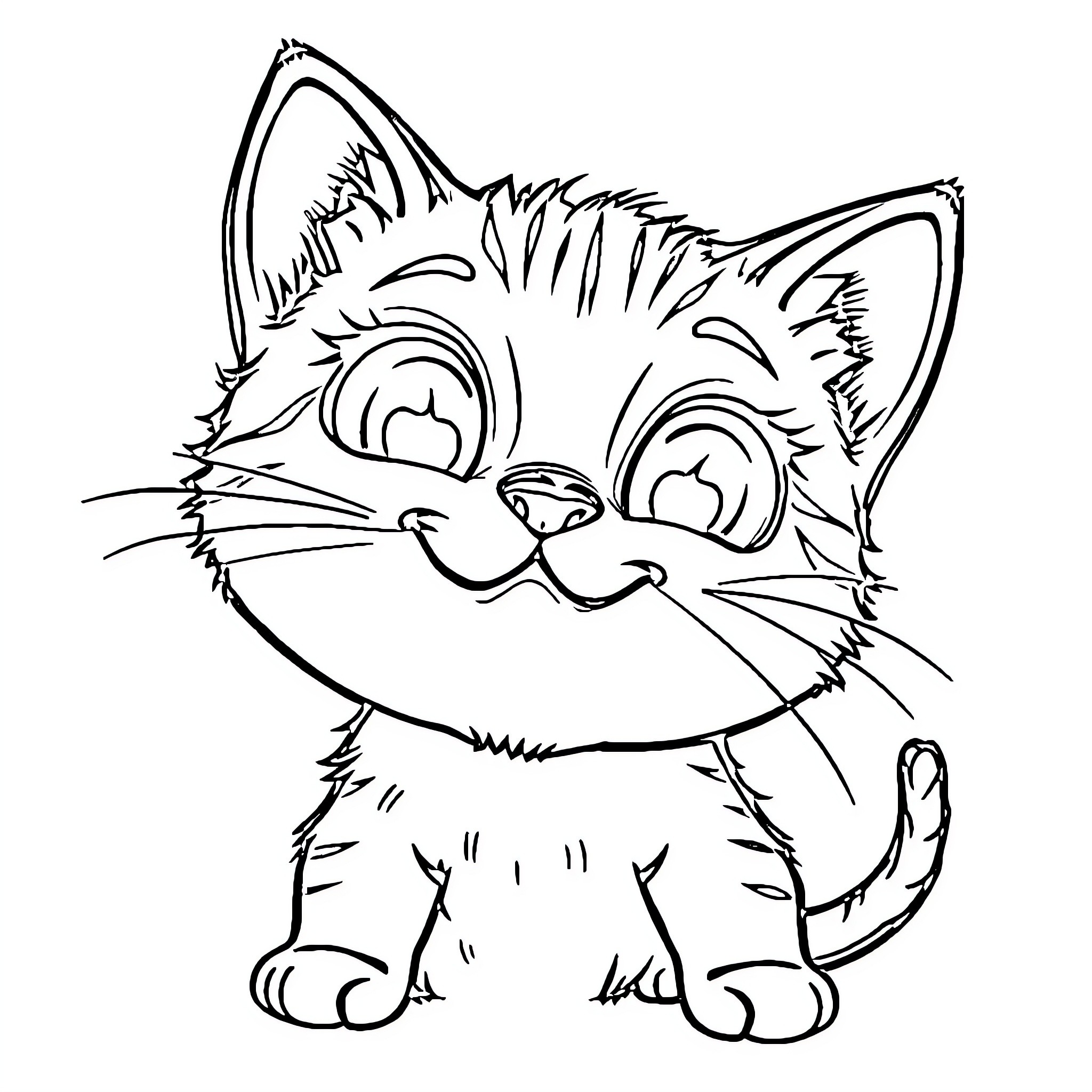 Kitten with Cute Expression Coloring Page (free black-and-white line drawing printable PDF for all, from beginners to advanced learners, including children, teens, adults, and seniors)