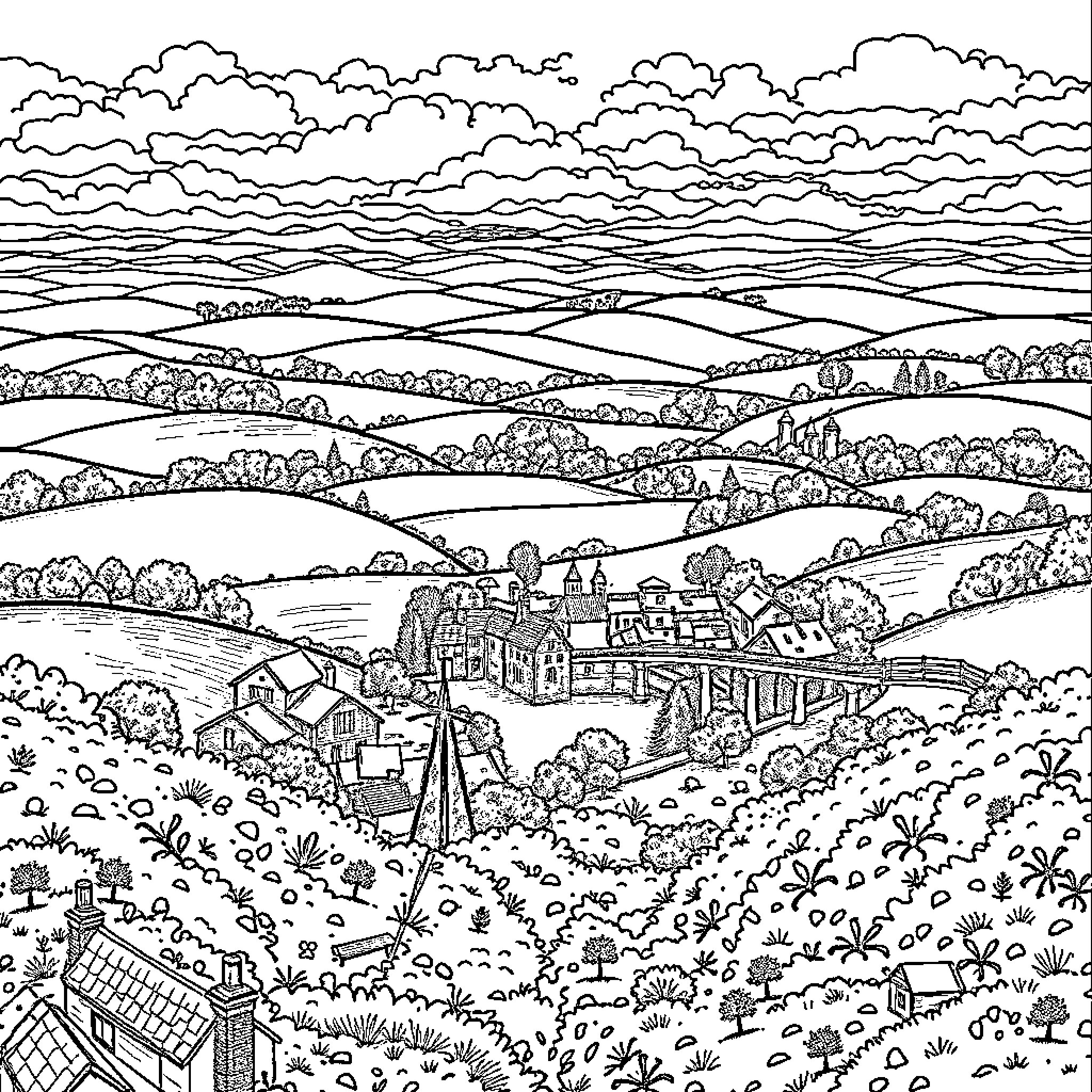 Hertfordshire's Picturesque Countryside Landscape Coloring Page (free black-and-white line drawing printable PDF for all, from beginners to advanced learners, including children, teens, adults, and seniors)