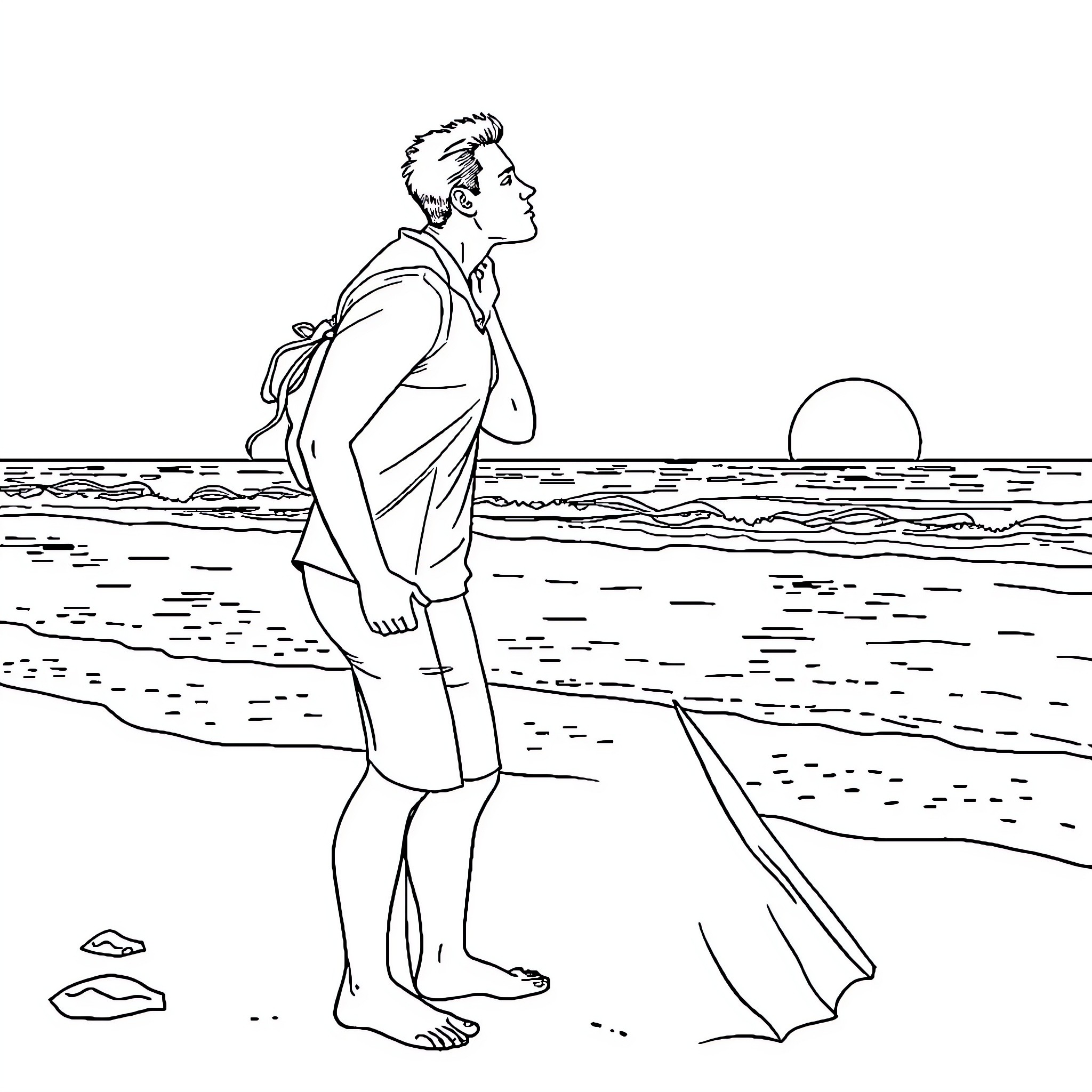 Couple admiring the sunset by the beach Coloring Page (free black-and-white line drawing printable PDF for all, from beginners to advanced learners, including children, teens, adults, and seniors)