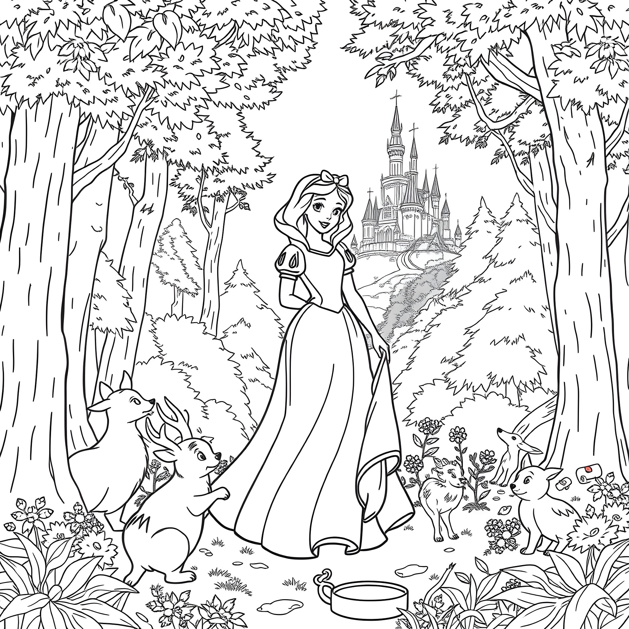 Snow White in the Enchanted Forest Coloring Page (free black-and-white line drawing printable PDF for all, from beginners to advanced learners, including children, teens, adults, and seniors)