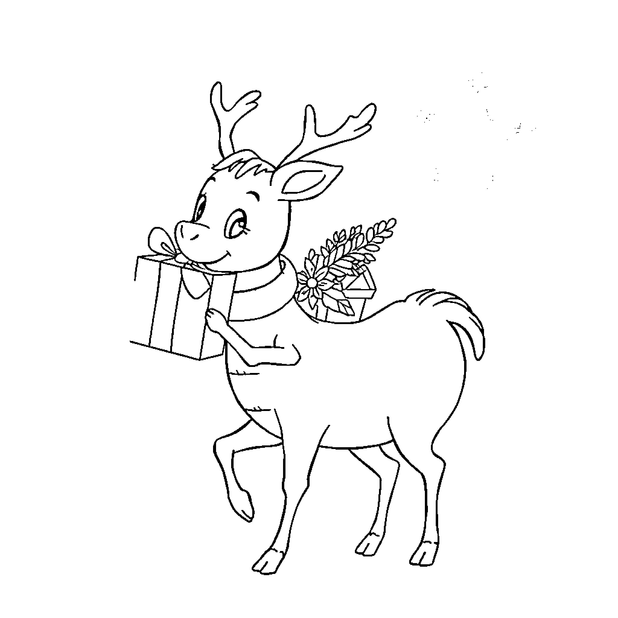 Renne the Reindeer with Gift and Flowers Coloring Page (free black-and-white line drawing printable PDF for all, from beginners to advanced learners, including children, teens, adults, and seniors)