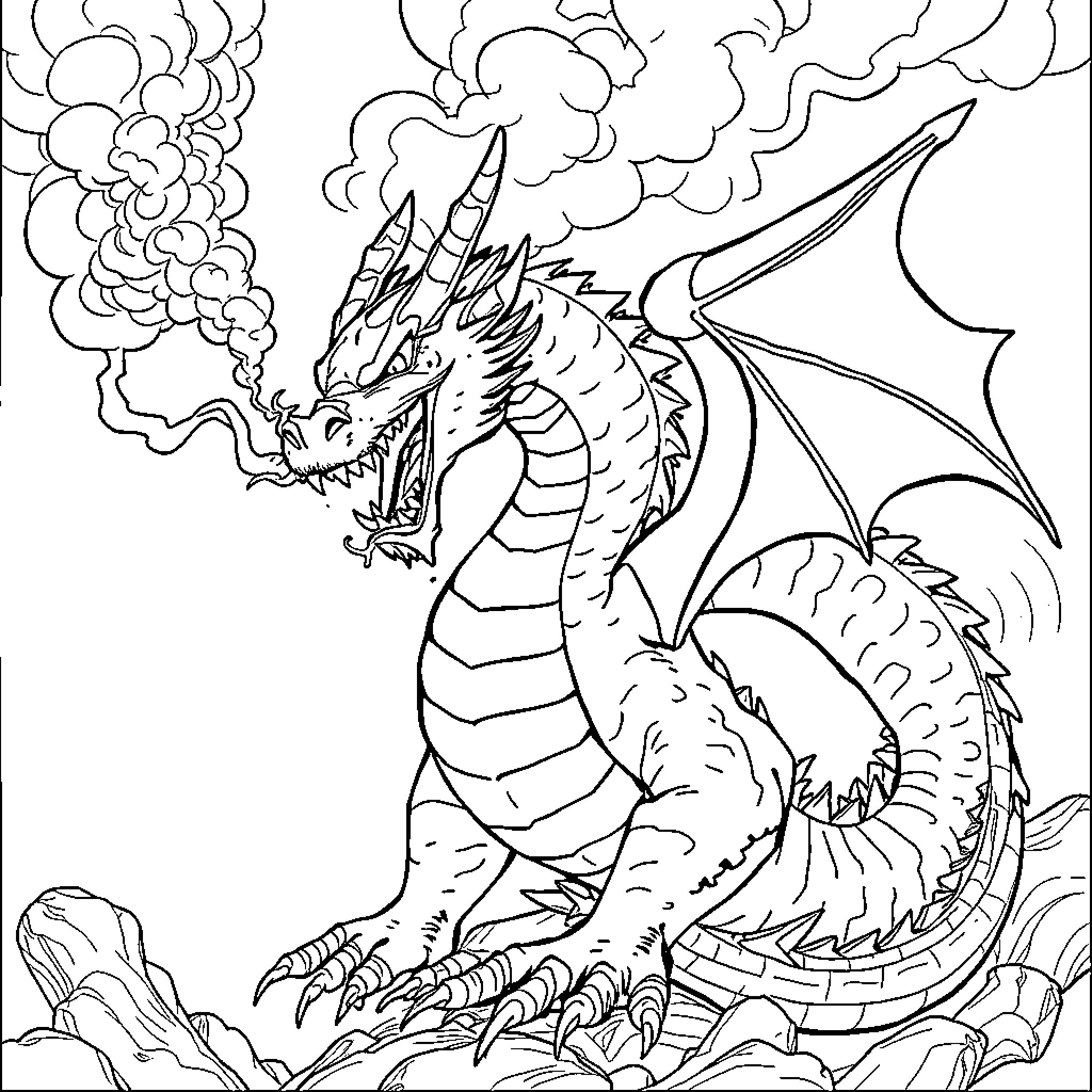 Dragon breathing fiery smoke in a dramatic scene Coloring Page (free black-and-white line drawing printable PDF for all, from beginners to advanced learners, including children, teens, adults, and seniors)