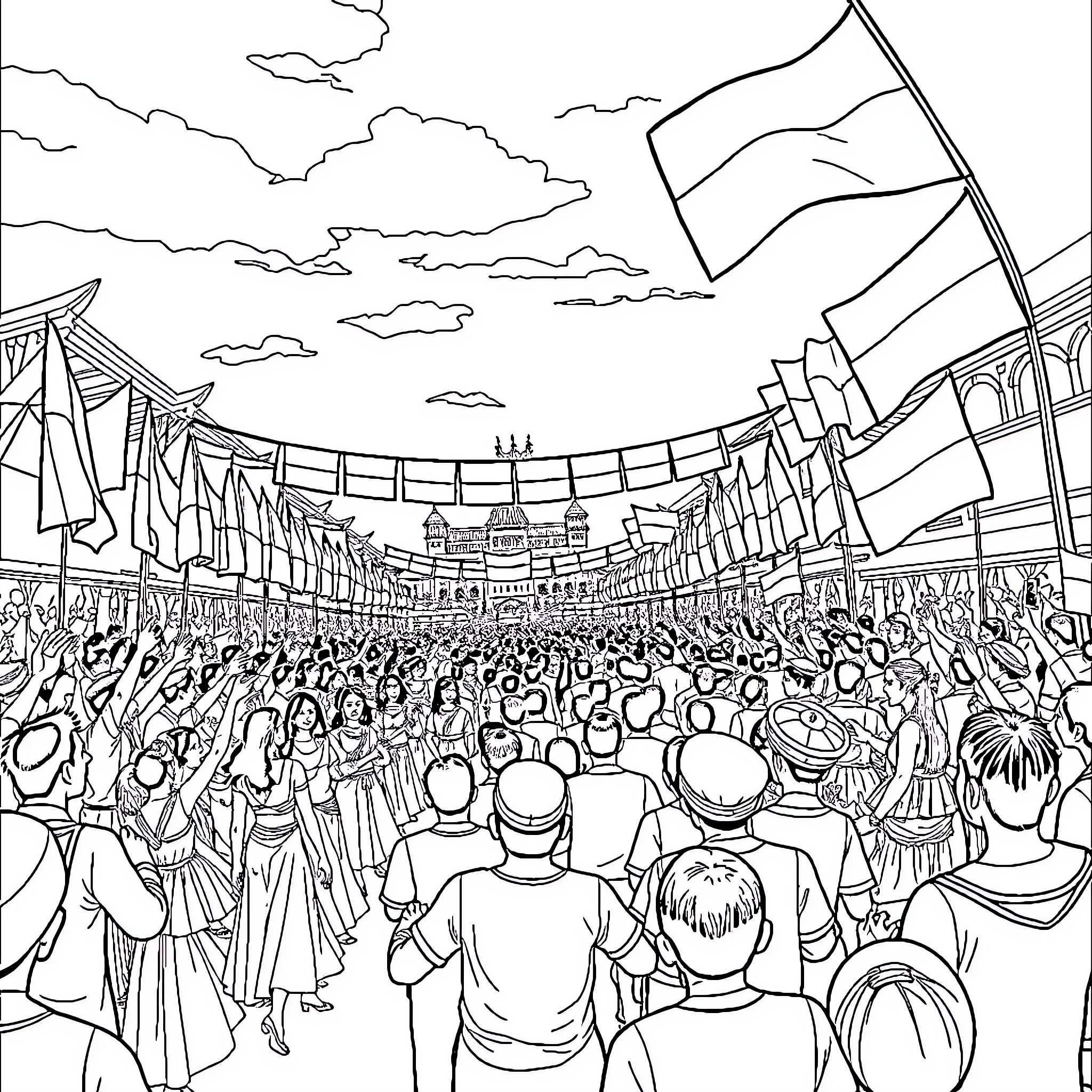 Indonesian Independence Day Celebration with Festive Crowd Coloring Page (free black-and-white line drawing printable PDF for all, from beginners to advanced learners, including children, teens, adults, and seniors)