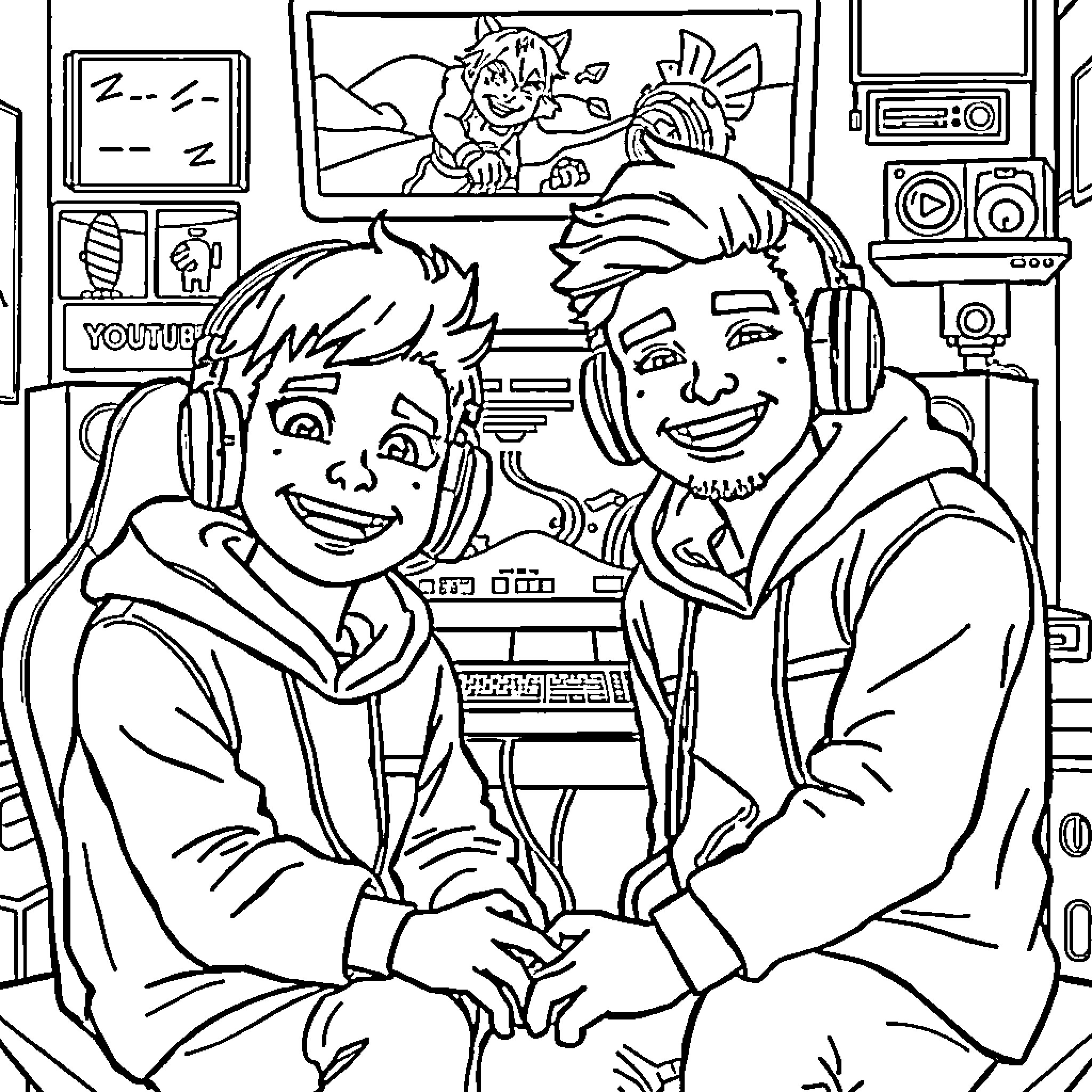 Chip's Friendly Video Game Session Coloring Page (free black-and-white line drawing printable PDF for all, from beginners to advanced learners, including children, teens, adults, and seniors)