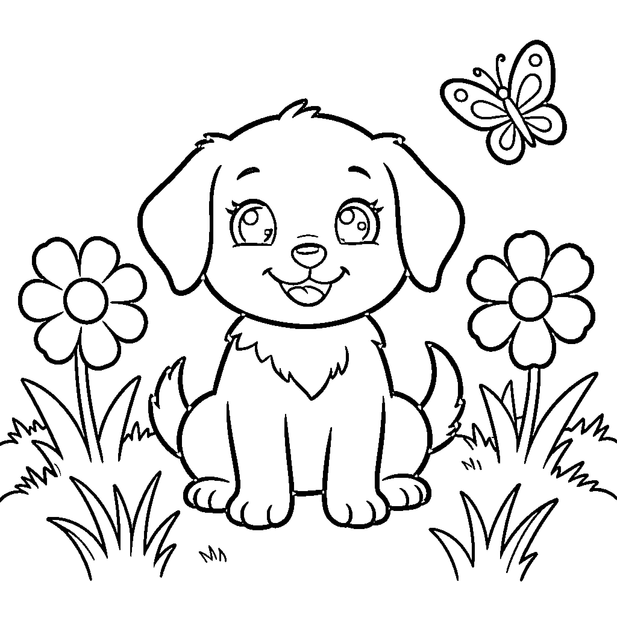Puppy playing with butterflies in the garden Coloring Page (free black-and-white line drawing printable PDF for all, from beginners to advanced learners, including children, teens, adults, and seniors)