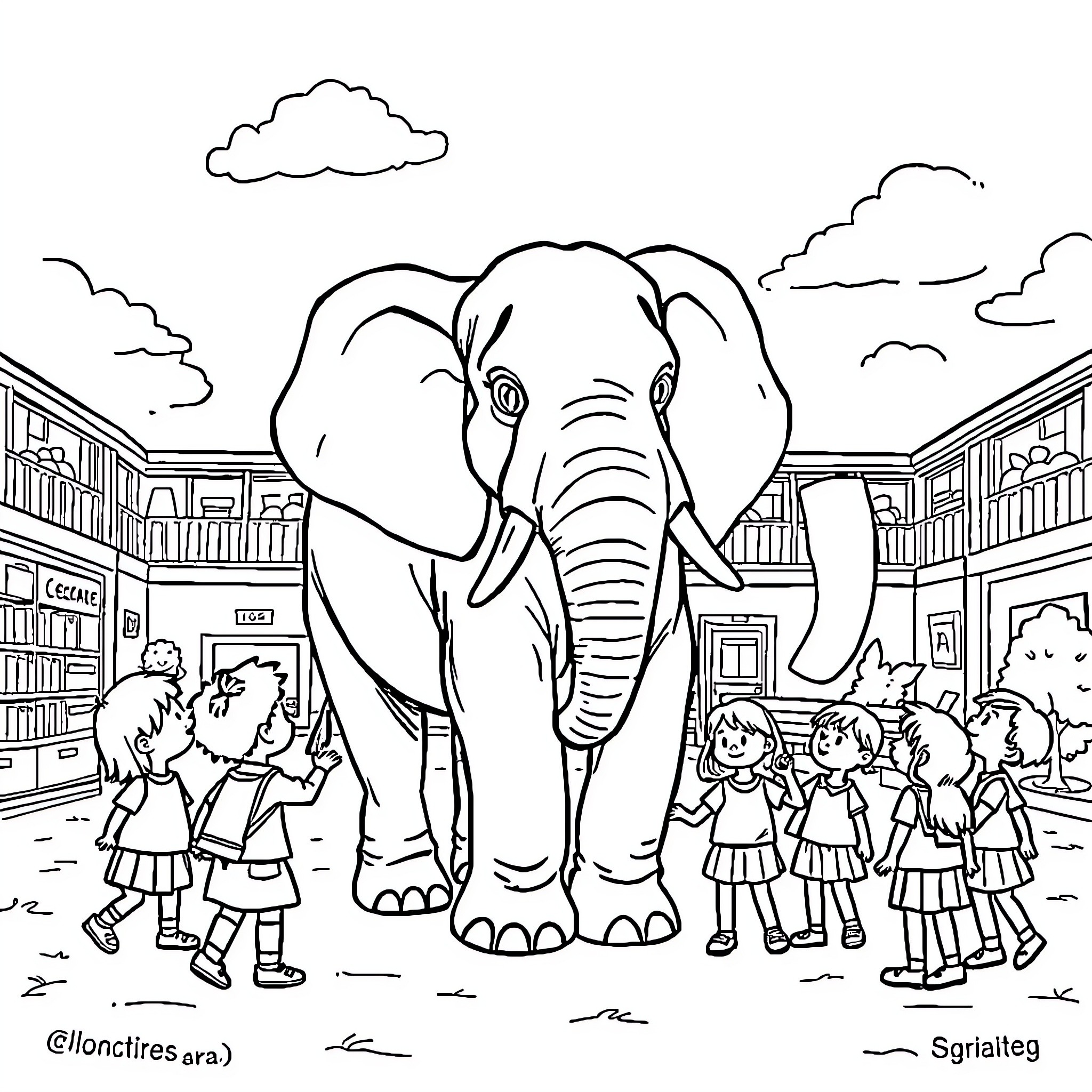 Elephant interacting with curious children in a town Coloring Page (free black-and-white line drawing printable PDF for all, from beginners to advanced learners, including children, teens, adults, and seniors)