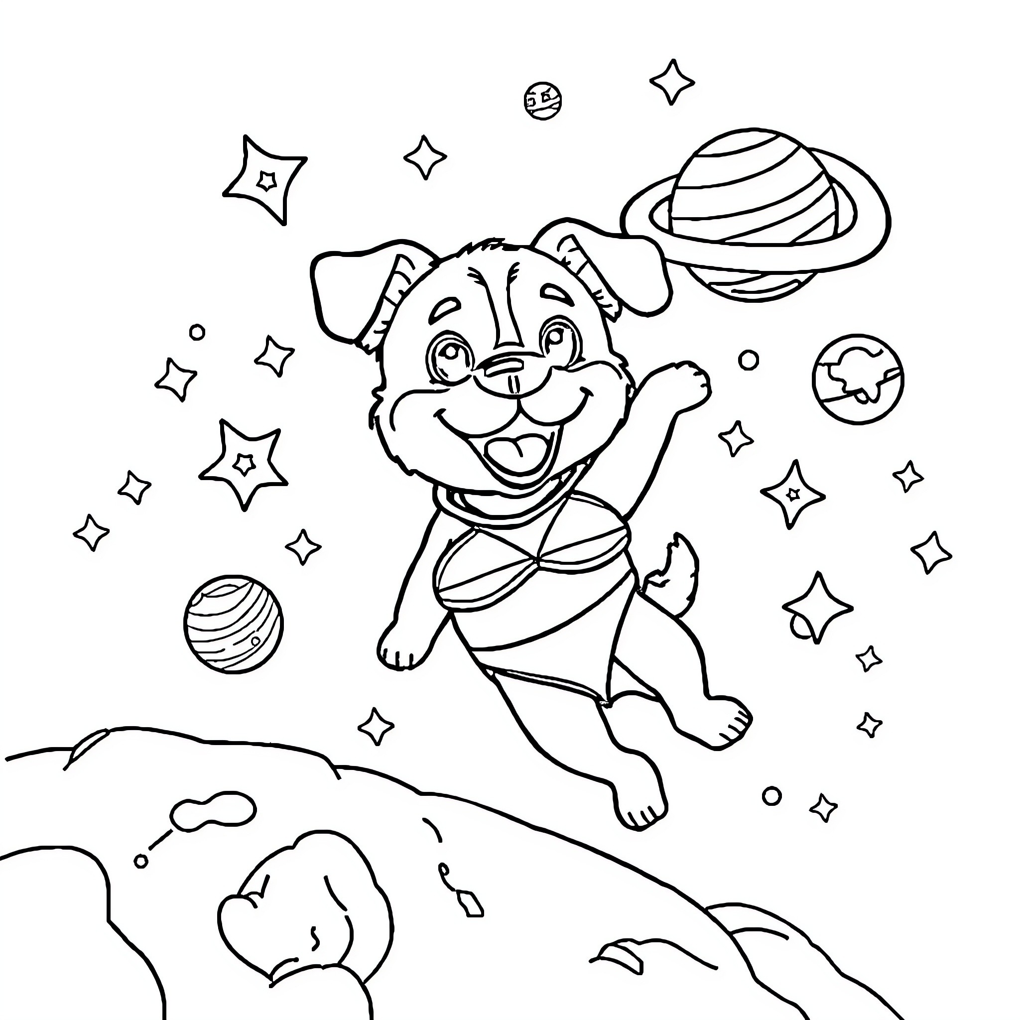 Dog playing happily in a cosmic landscape Coloring Page (free black-and-white line drawing printable PDF for all, from beginners to advanced learners, including children, teens, adults, and seniors)