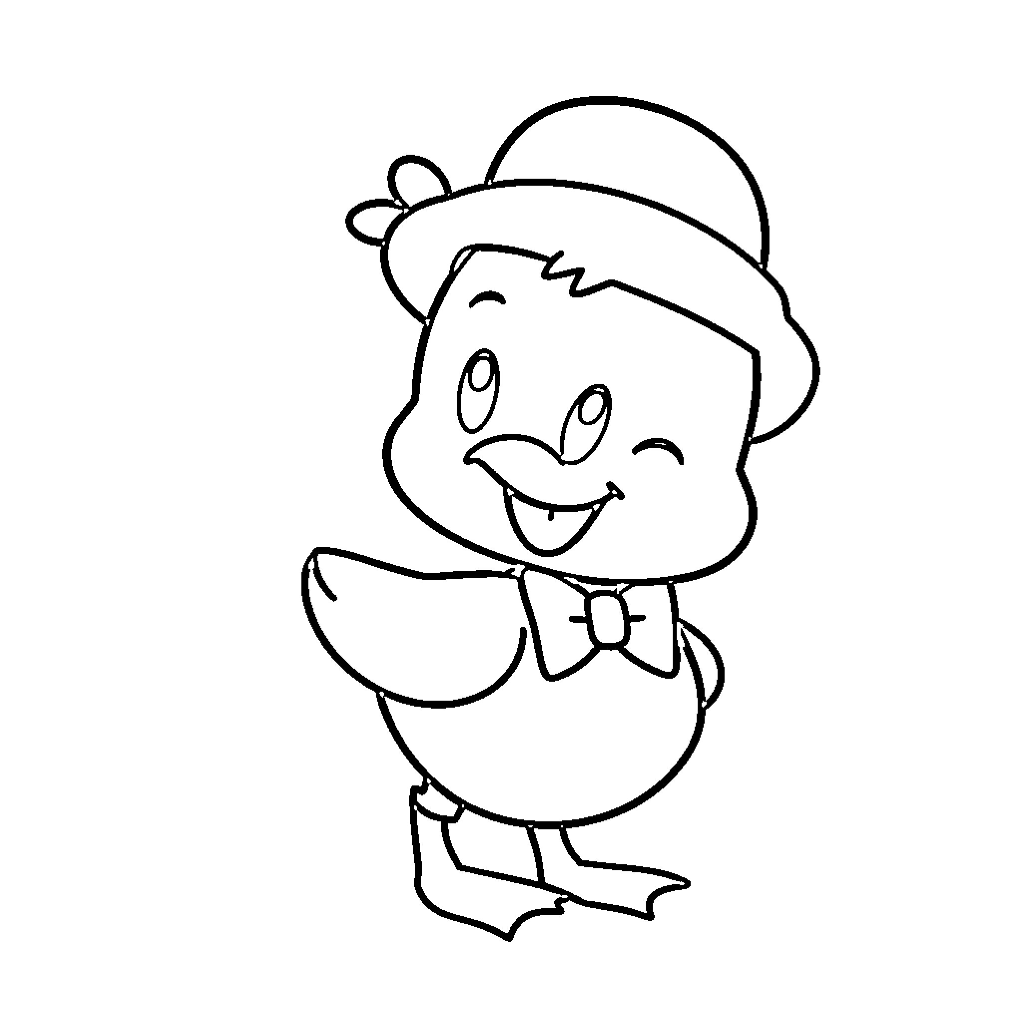Pato the Cheerful Duck in Bowtie Coloring Page (free black-and-white line drawing printable PDF for all, from beginners to advanced learners, including children, teens, adults, and seniors)