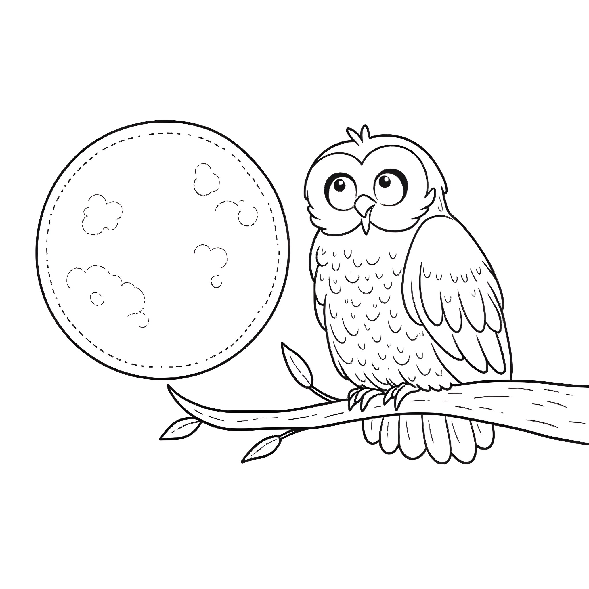 Owl gazing at the moon on a branch Coloring Page (free black-and-white line drawing printable PDF for all, from beginners to advanced learners, including children, teens, adults, and seniors)