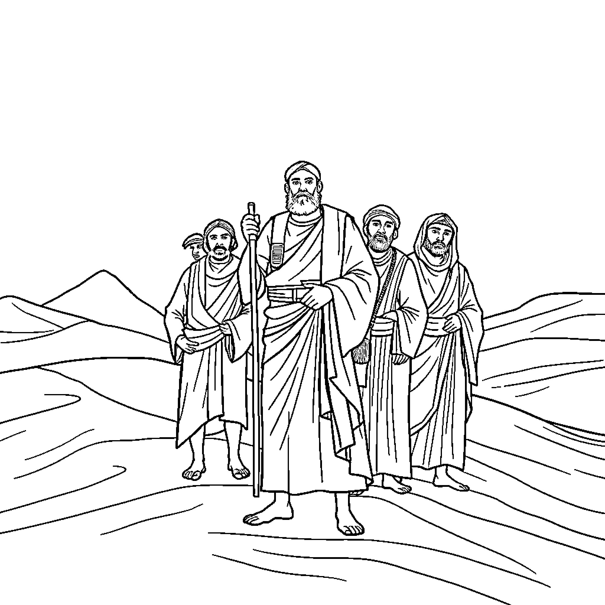 Joseph and his companions journeying through the desert Coloring Page (free black-and-white line drawing printable PDF for all, from beginners to advanced learners, including children, teens, adults, and seniors)