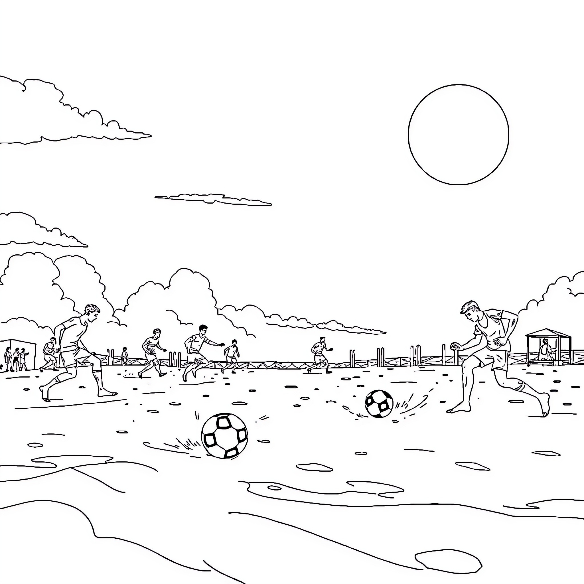Soccer players competing on a field under the sun Coloring Page (free black-and-white line drawing printable PDF for all, from beginners to advanced learners, including children, teens, adults, and seniors)
