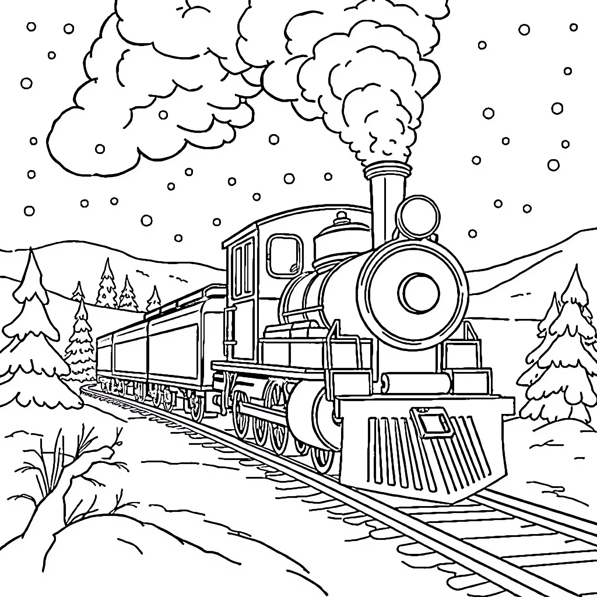 Train chugging through snowy winter landscape Coloring Page (free black-and-white line drawing printable PDF for all, from beginners to advanced learners, including children, teens, adults, and seniors)