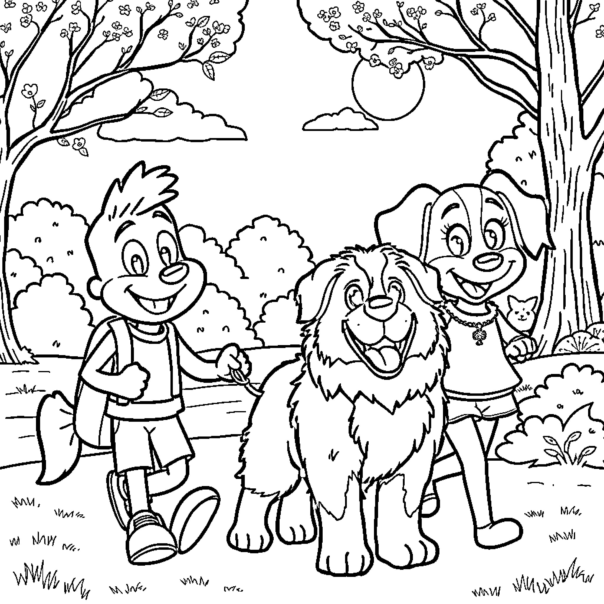 Bluey and friends explore the magical forest Coloring Page (free black-and-white line drawing printable PDF for all, from beginners to advanced learners, including children, teens, adults, and seniors)