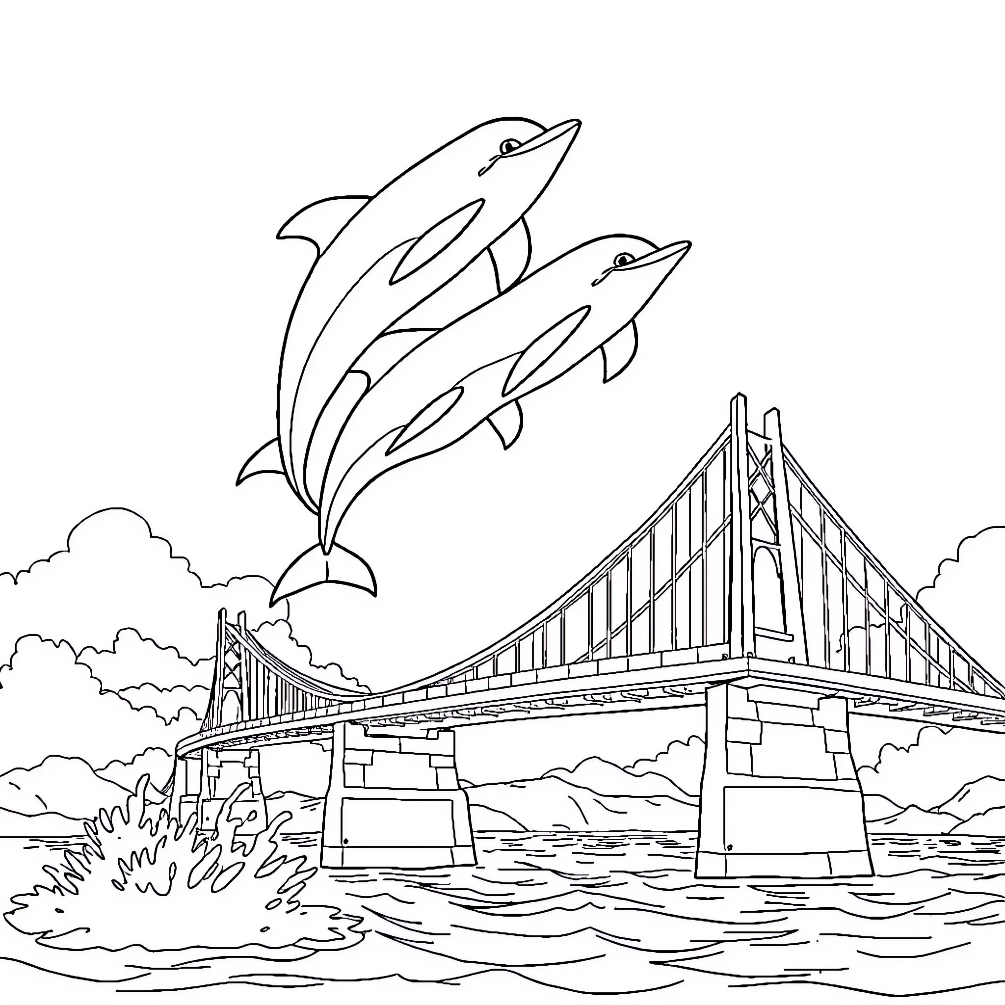 Dolphin leaping near a grand suspension bridge Coloring Page (free black-and-white line drawing printable PDF for all, from beginners to advanced learners, including children, teens, adults, and seniors)