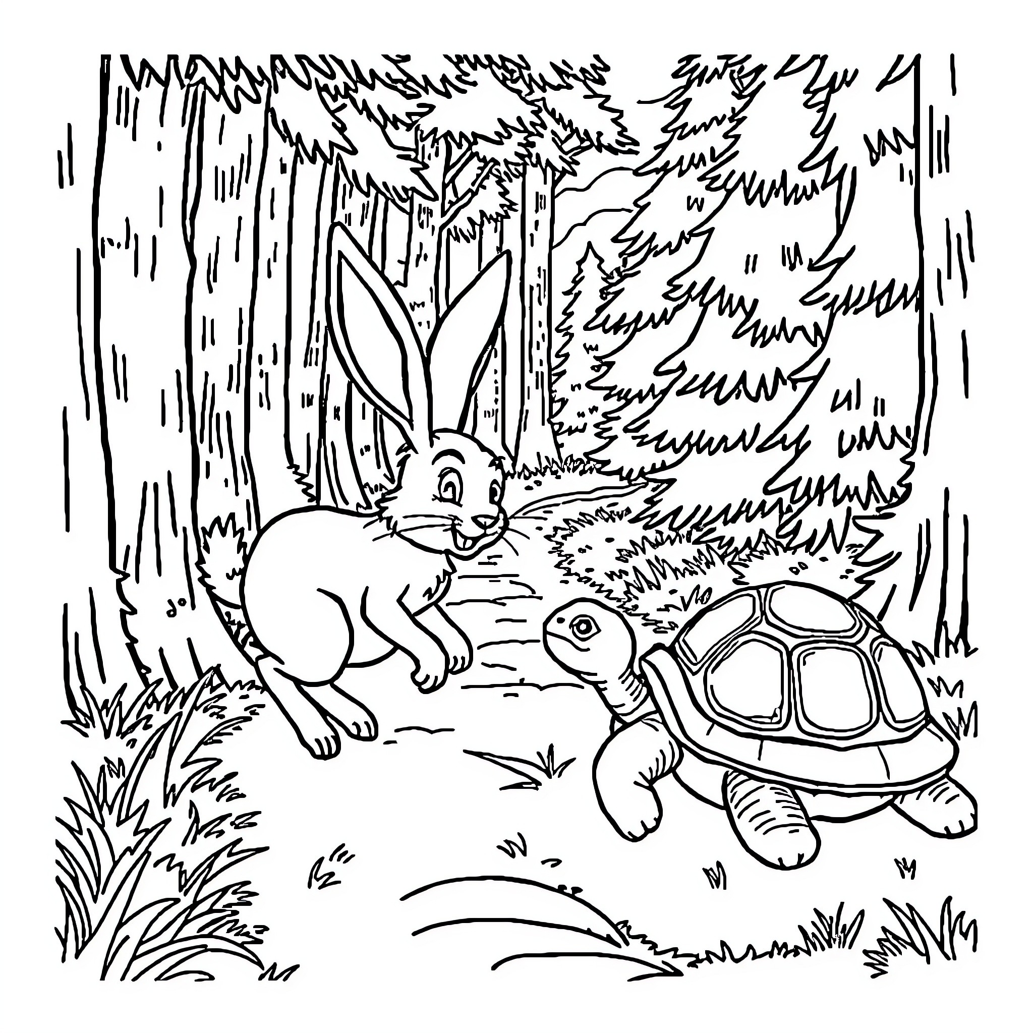 Hare and Tortoise in the Woodland Scene Coloring Page (free black-and-white line drawing printable PDF for all, from beginners to advanced learners, including children, teens, adults, and seniors)