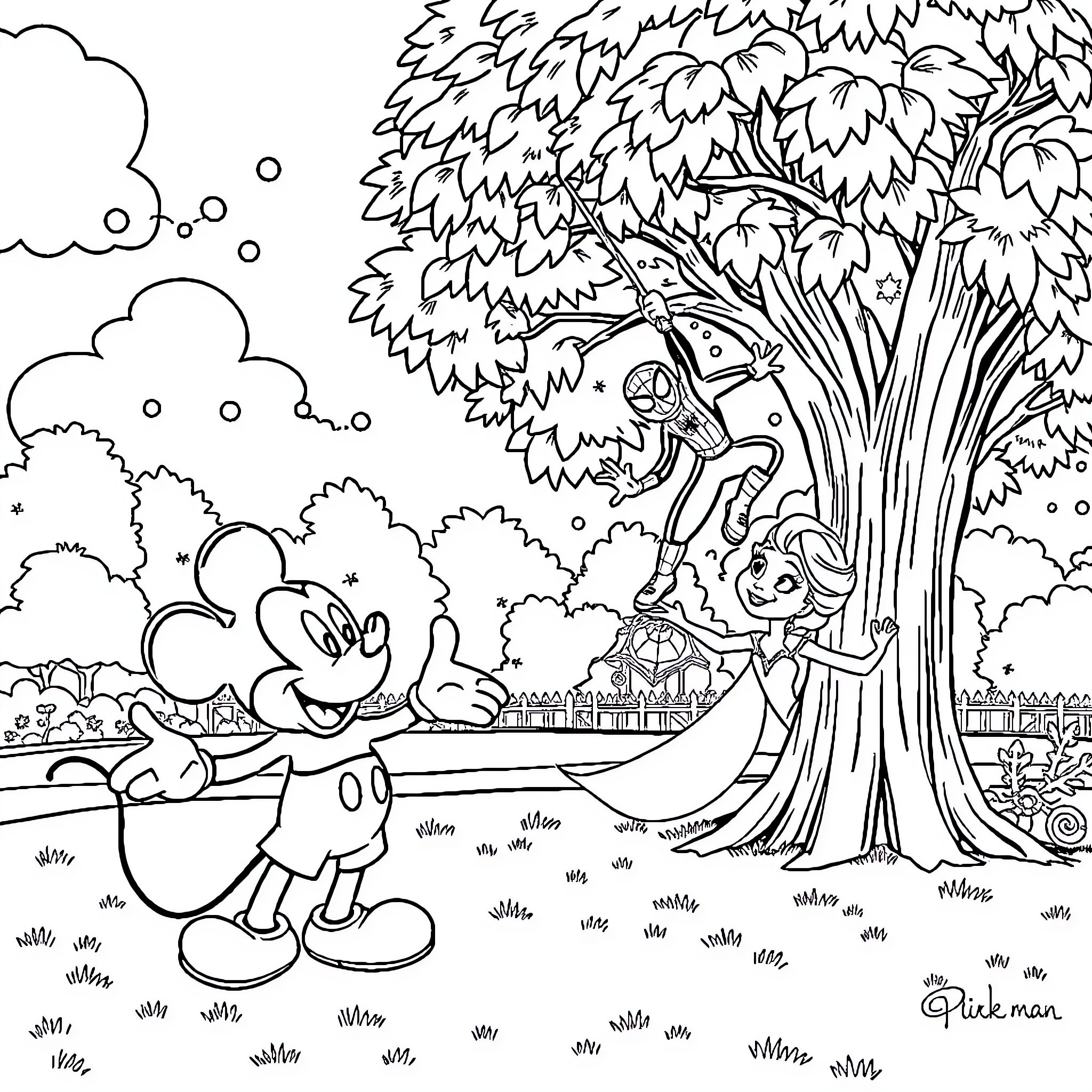 Mickey Mouse exploring the enchanted forest Coloring Page (free black-and-white line drawing printable PDF for all, from beginners to advanced learners, including children, teens, adults, and seniors)