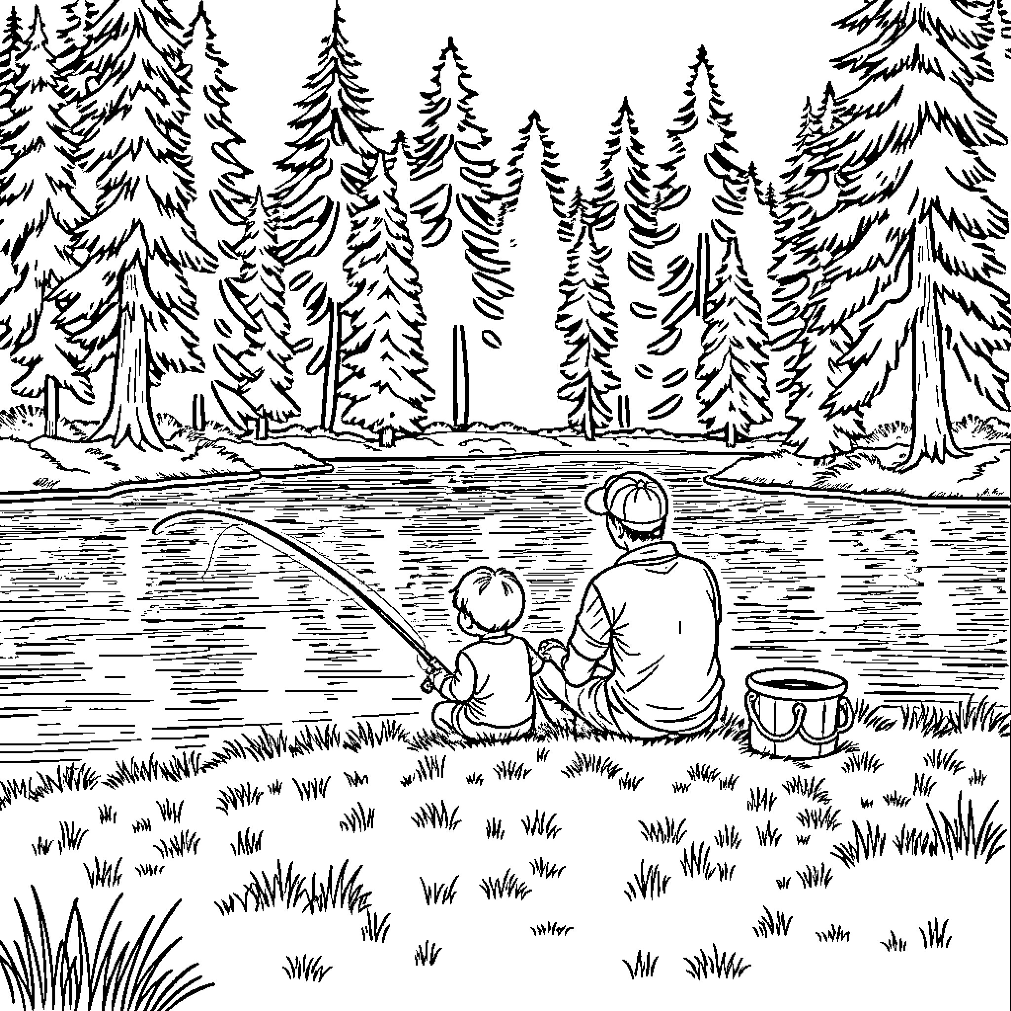 Child Fishing with Adult by the Serene Lake Coloring Page (free black-and-white line drawing printable PDF for all, from beginners to advanced learners, including children, teens, adults, and seniors)