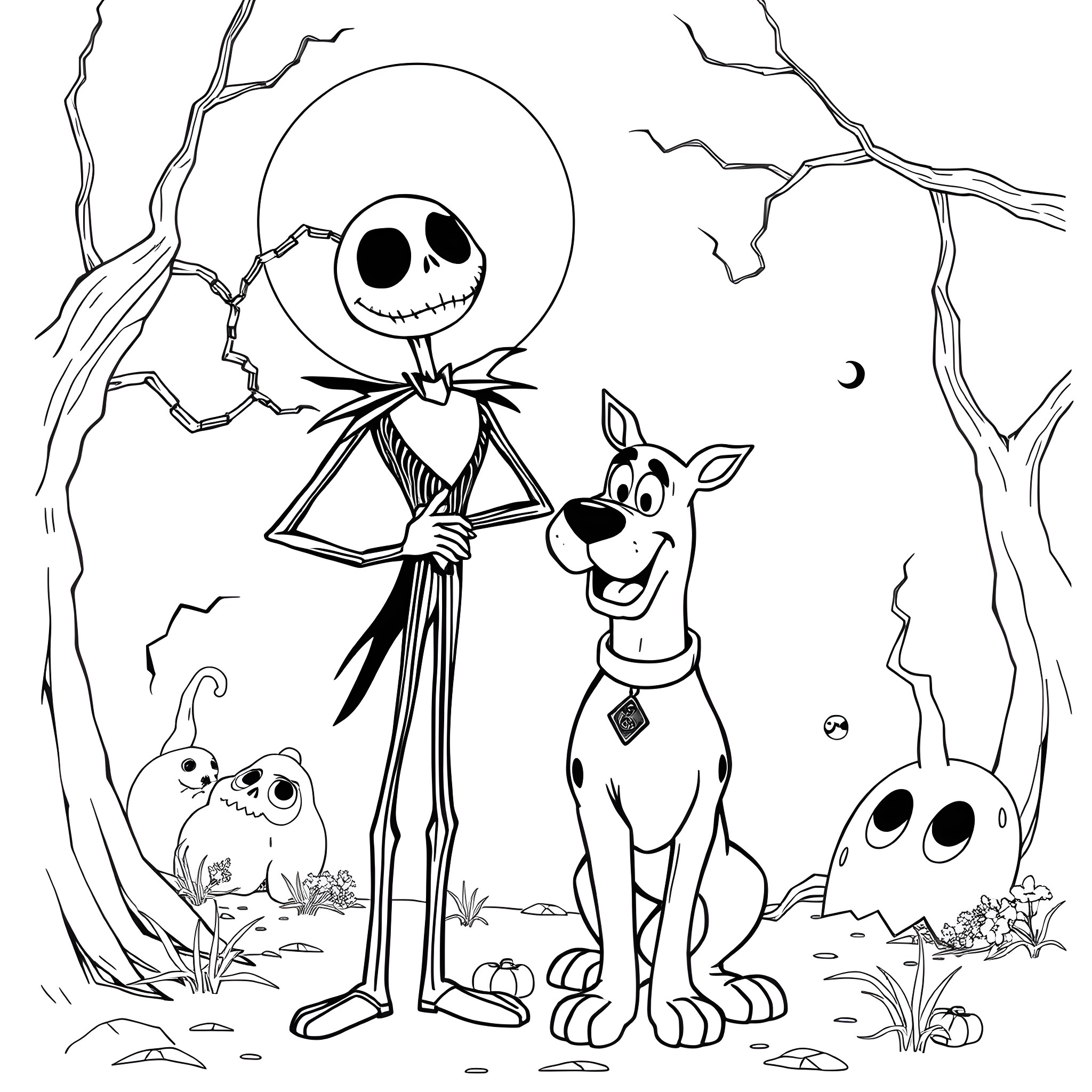 Jack Skellington and Zero in a spooky forest scene Coloring Page (free black-and-white line drawing printable PDF for all, from beginners to advanced learners, including children, teens, adults, and seniors)