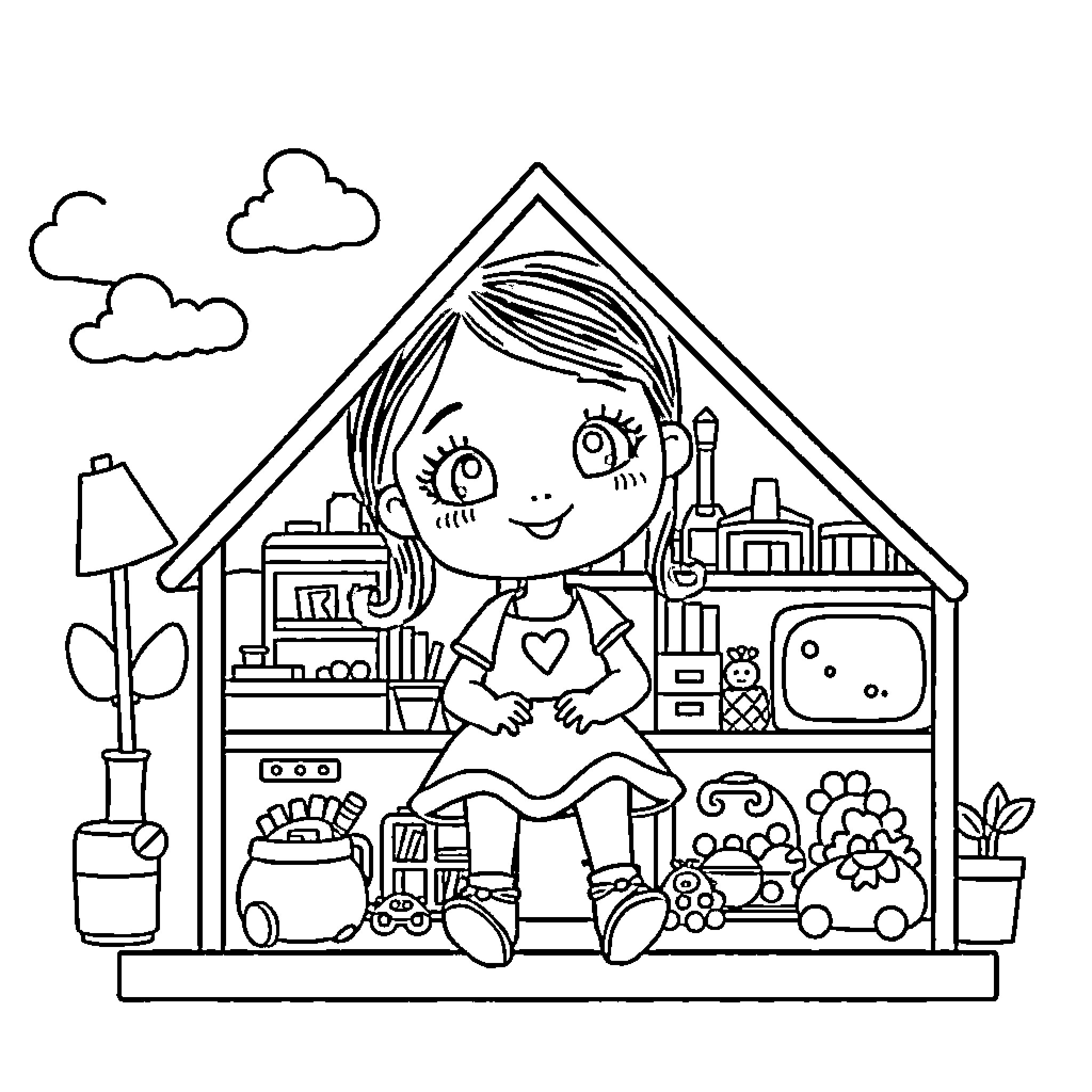 Dollhouse with a cheerful girl and toys Coloring Page (free black-and-white line drawing printable PDF for all, from beginners to advanced learners, including children, teens, adults, and seniors)