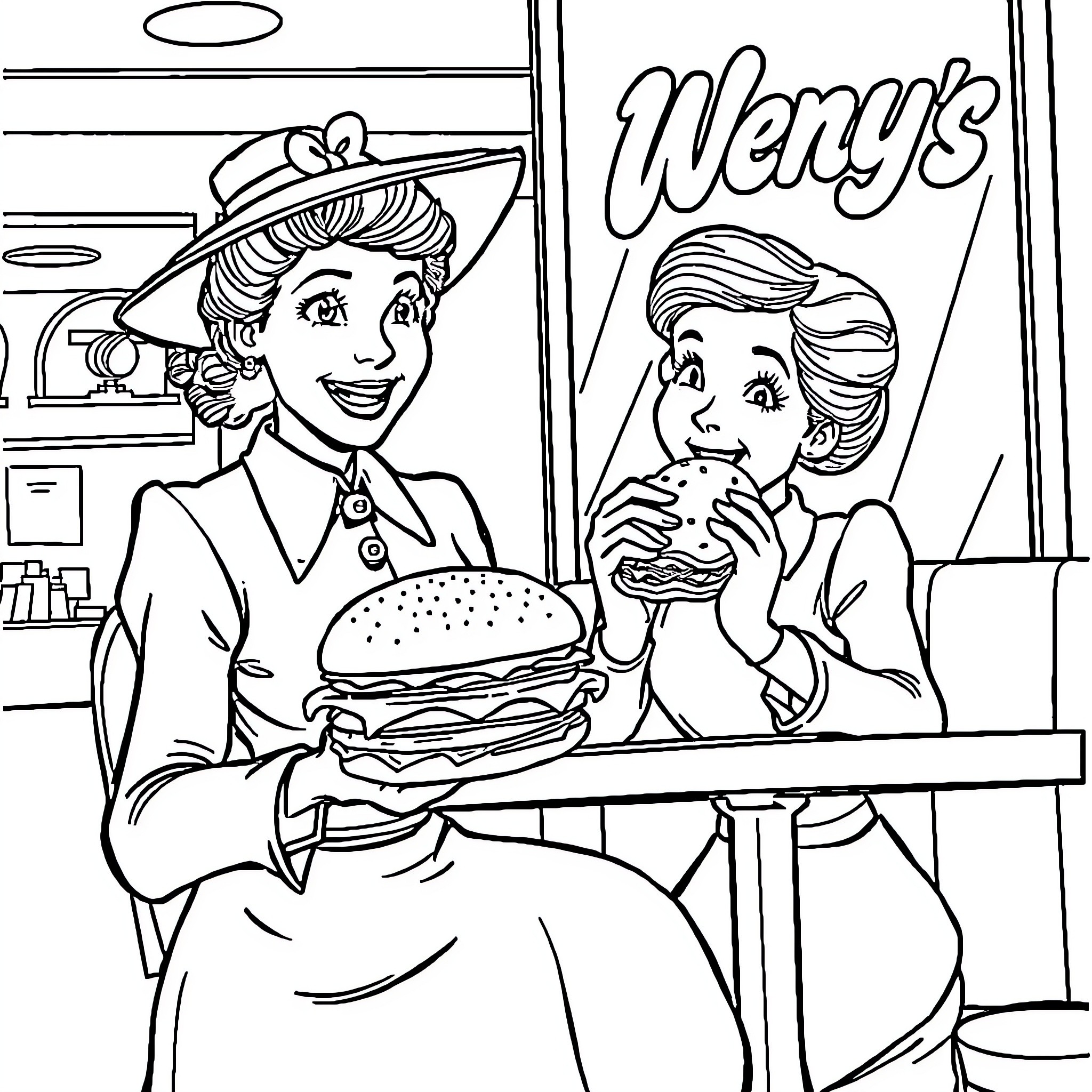 Mary Poppins Enjoying a Burger at Wendy's Coloring Page (free black-and-white line drawing printable PDF for all, from beginners to advanced learners, including children, teens, adults, and seniors)