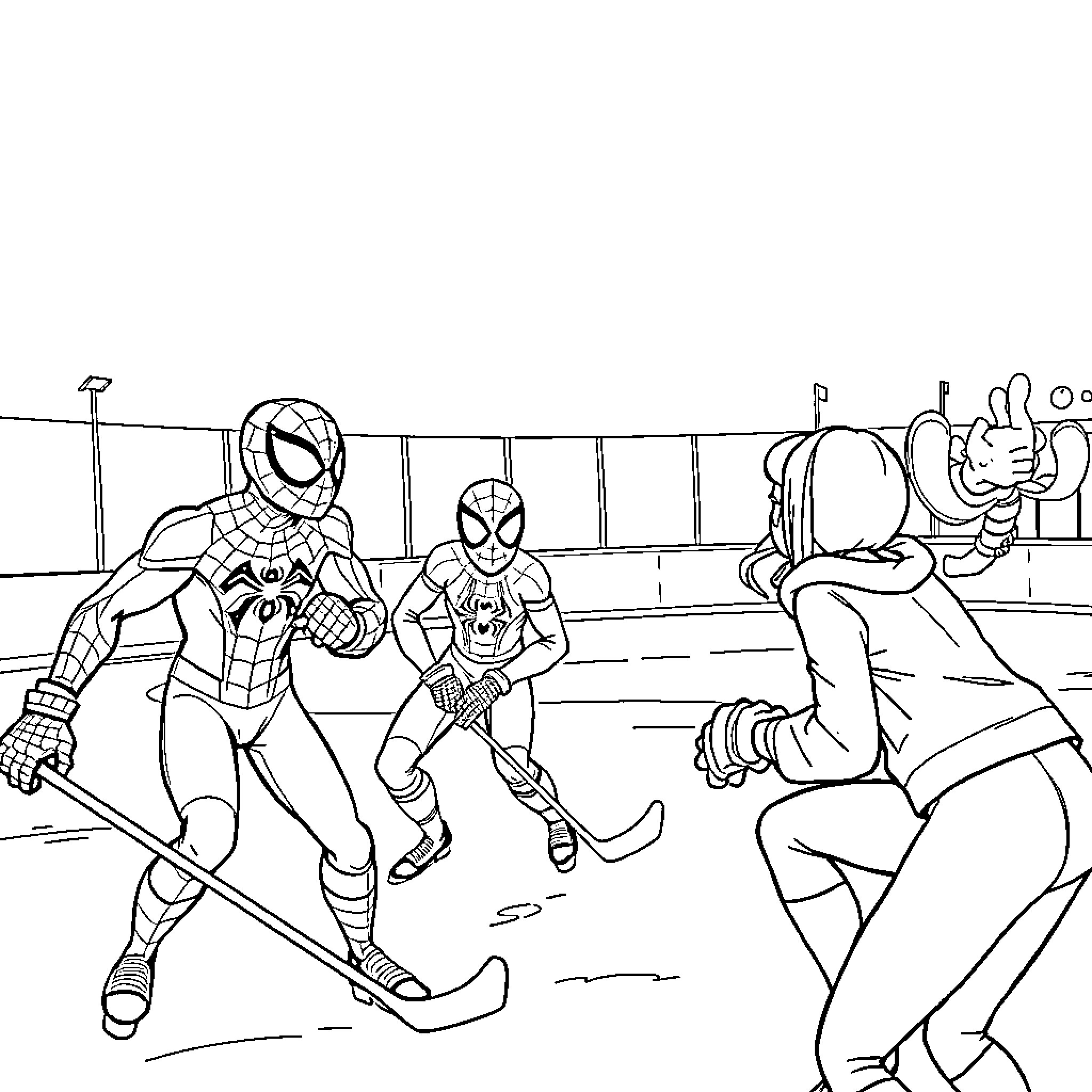 Spider-Heroes in Friendly Superhero Clash Coloring Page (free black-and-white line drawing printable PDF for all, from beginners to advanced learners, including children, teens, adults, and seniors)