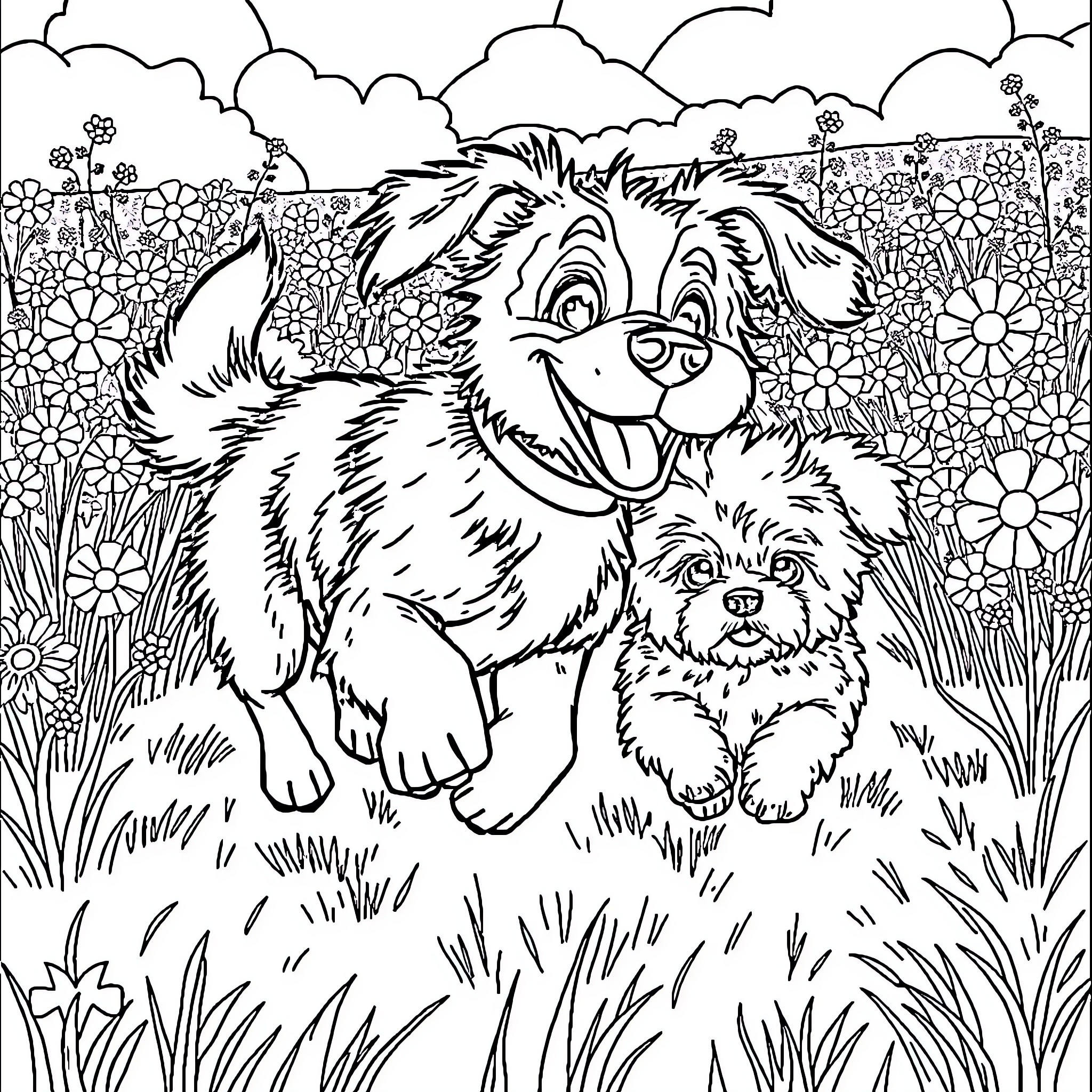 Dog companions playing in a flowery field Coloring Page (free black-and-white line drawing printable PDF for all, from beginners to advanced learners, including children, teens, adults, and seniors)