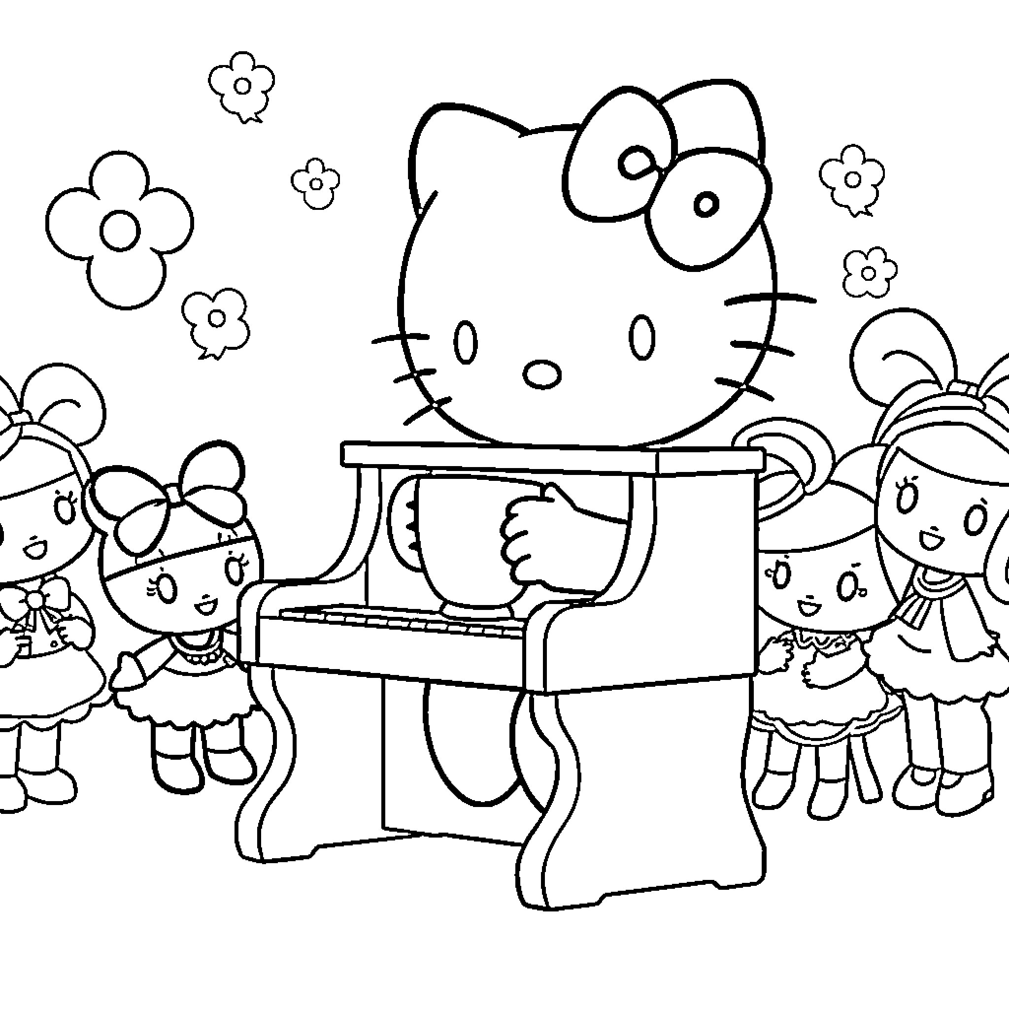 Hello Kitty and Friends Playing Music Together Coloring Page (free black-and-white line drawing printable PDF for all, from beginners to advanced learners, including children, teens, adults, and seniors)