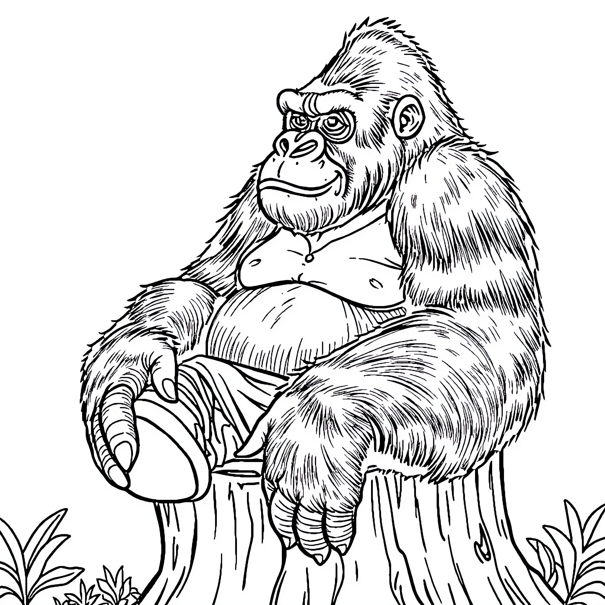Gorilla relaxing in the wilderness Coloring Page (free black-and-white line drawing printable PDF for all, from beginners to advanced learners, including children, teens, adults, and seniors)
