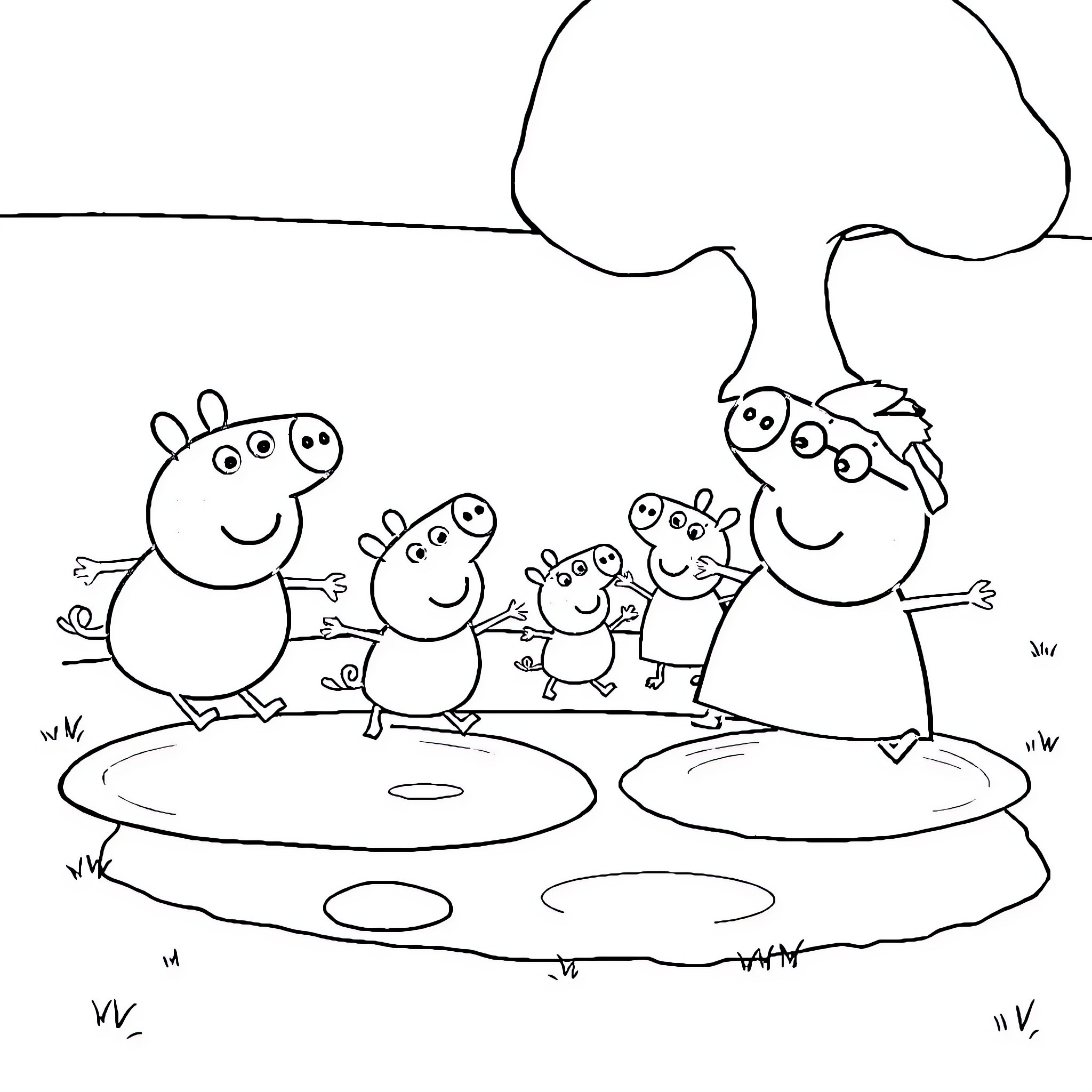 Peppa Pig family enjoying outdoor adventure Coloring Page (free black-and-white line drawing printable PDF for all, from beginners to advanced learners, including children, teens, adults, and seniors)