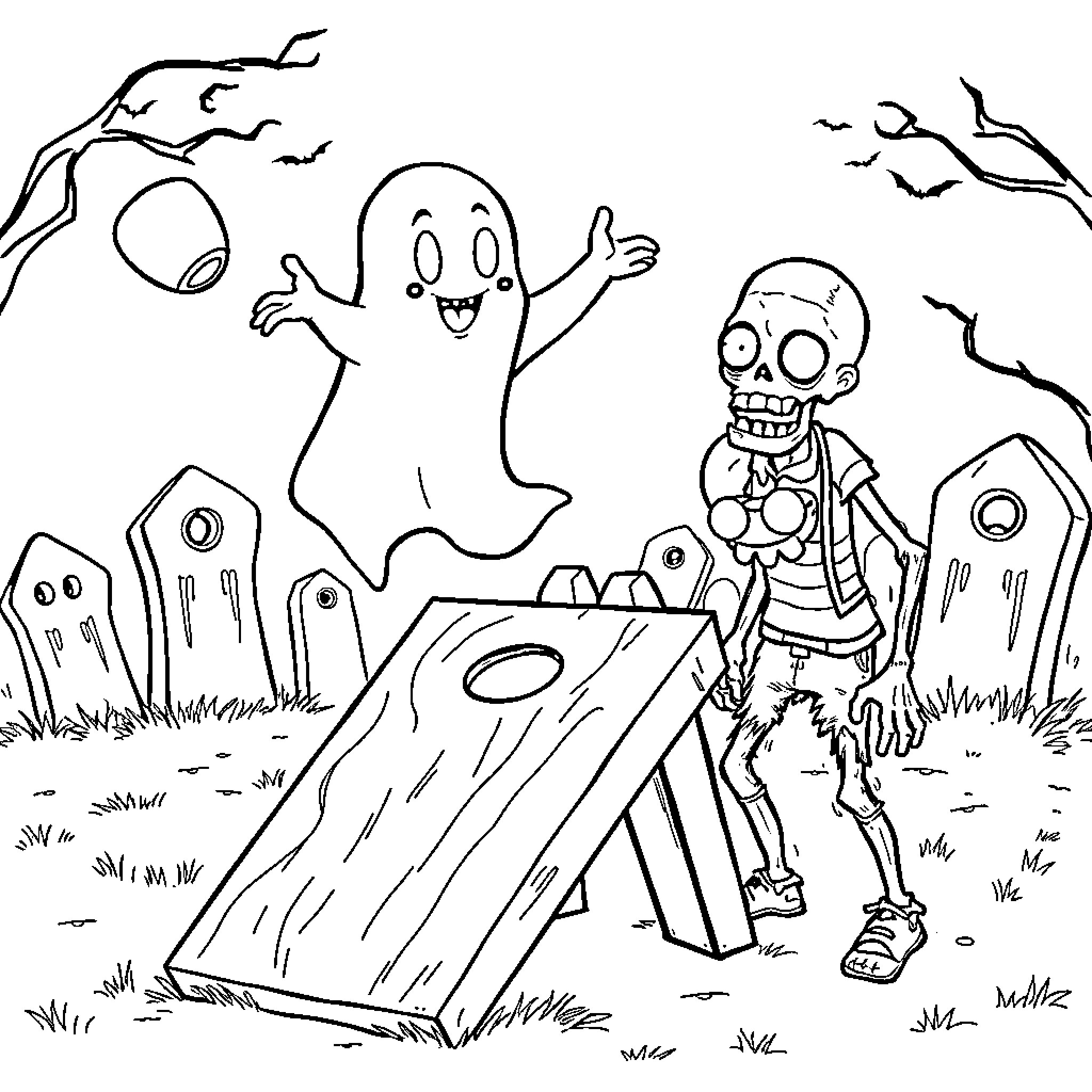 Ghost friends playing in the haunted graveyard Coloring Page (free black-and-white line drawing printable PDF for all, from beginners to advanced learners, including children, teens, adults, and seniors)