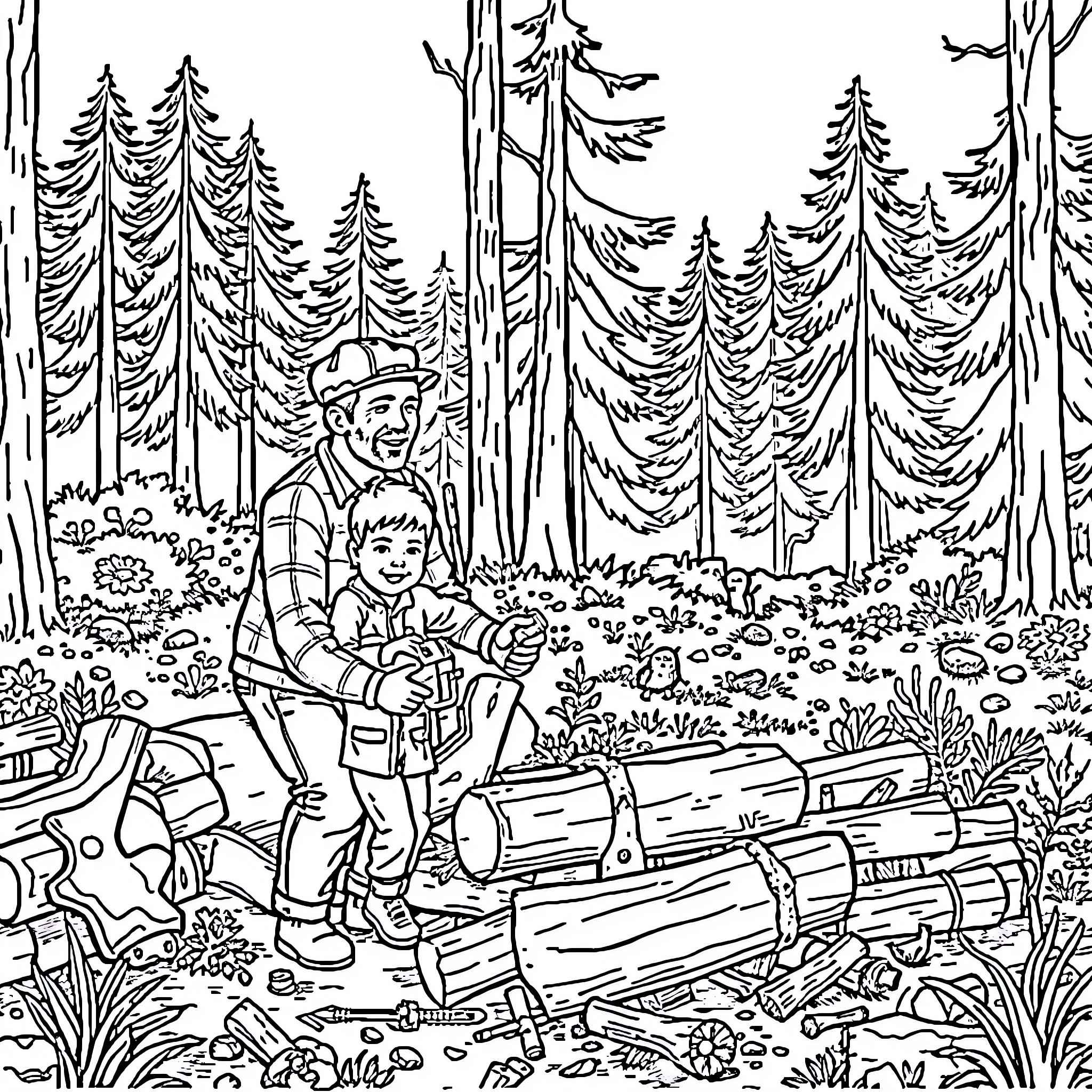 Dad and child exploring the woods Coloring Page (free black-and-white line drawing printable PDF for all, from beginners to advanced learners, including children, teens, adults, and seniors)