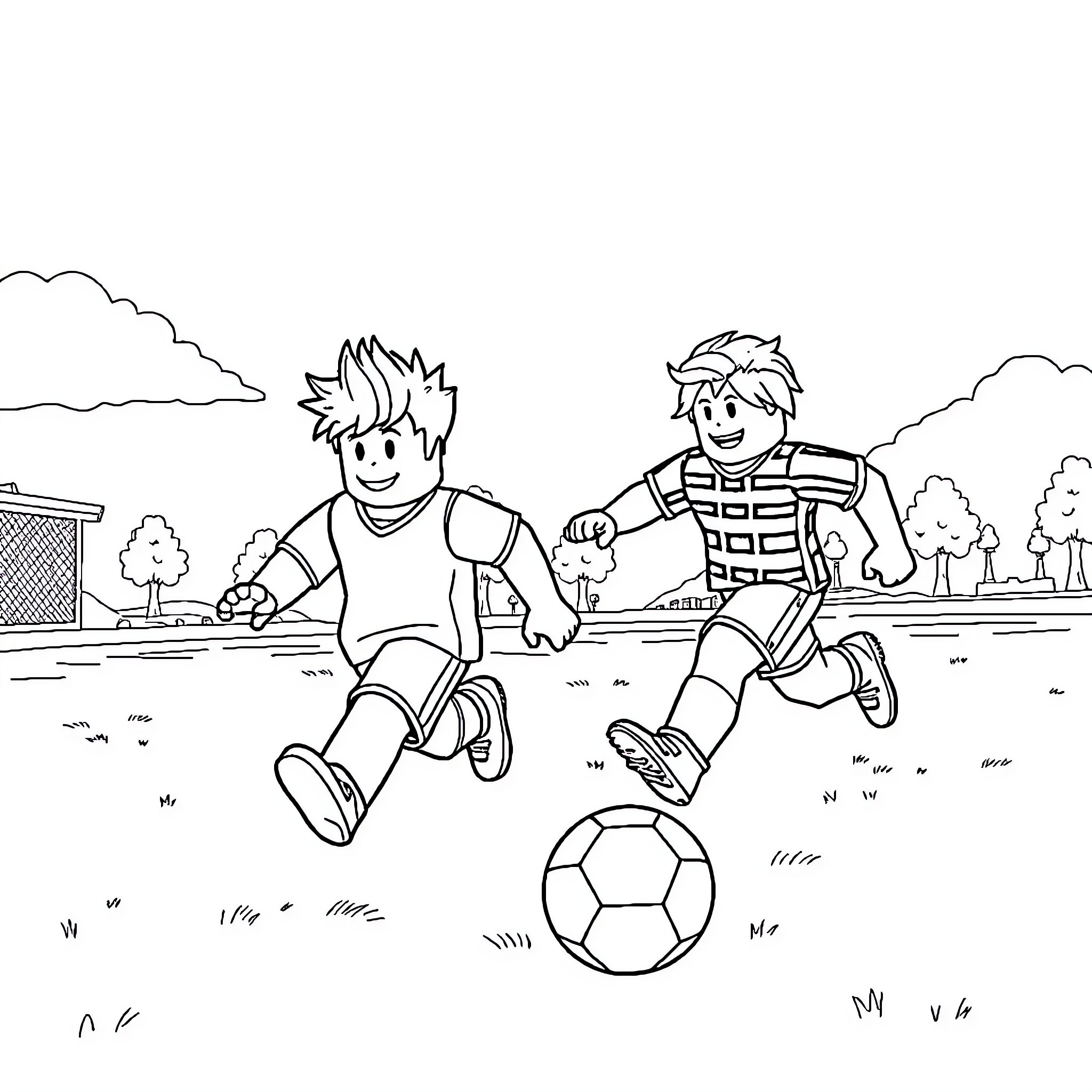 Roblox players enjoying outdoor soccer game Coloring Page (free black-and-white line drawing printable PDF for all, from beginners to advanced learners, including children, teens, adults, and seniors)