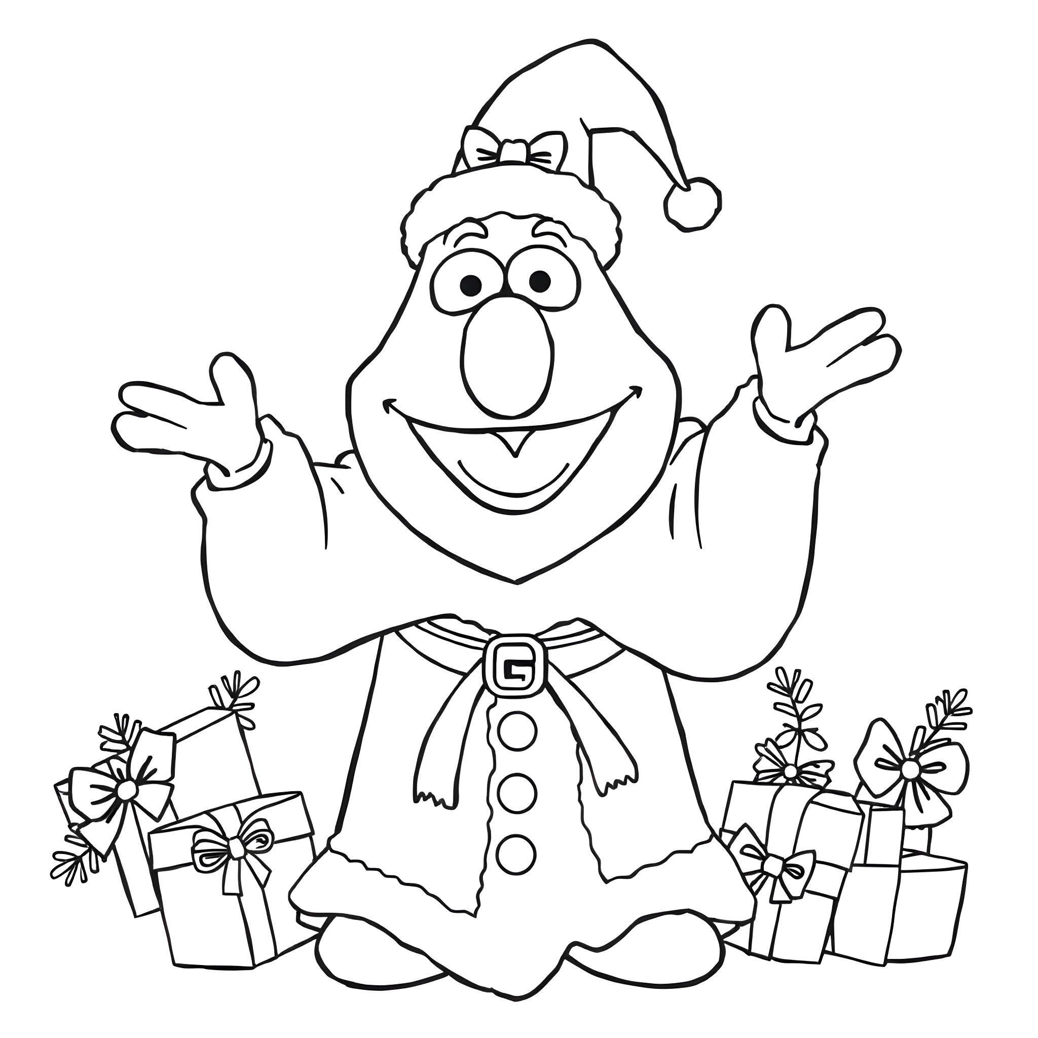 Muppet character excited for holiday celebrations Coloring Page (free black-and-white line drawing printable PDF for all, from beginners to advanced learners, including children, teens, adults, and seniors)