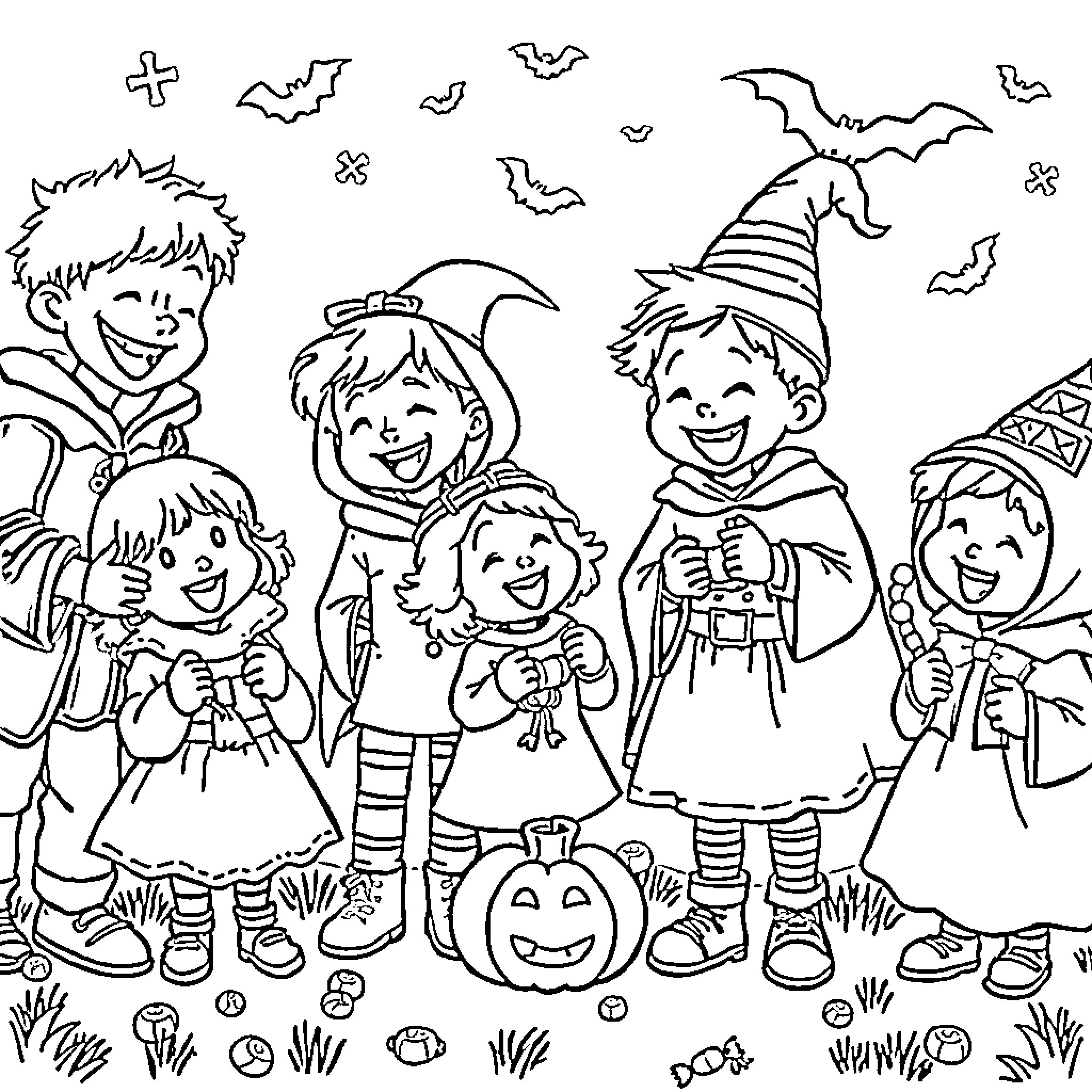 Kid's Spooky Halloween Fun Coloring Page (free black-and-white line drawing printable PDF for all, from beginners to advanced learners, including children, teens, adults, and seniors)