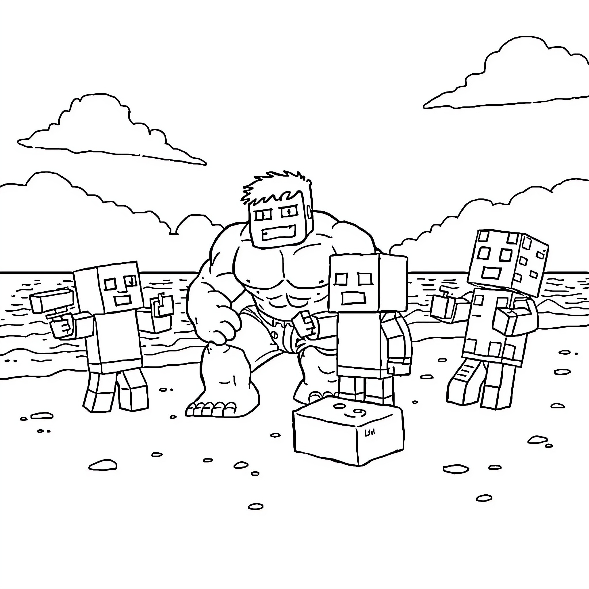 Hulk Smashing Villains in Minecraft World Coloring Page (free black-and-white line drawing printable PDF for all, from beginners to advanced learners, including children, teens, adults, and seniors)