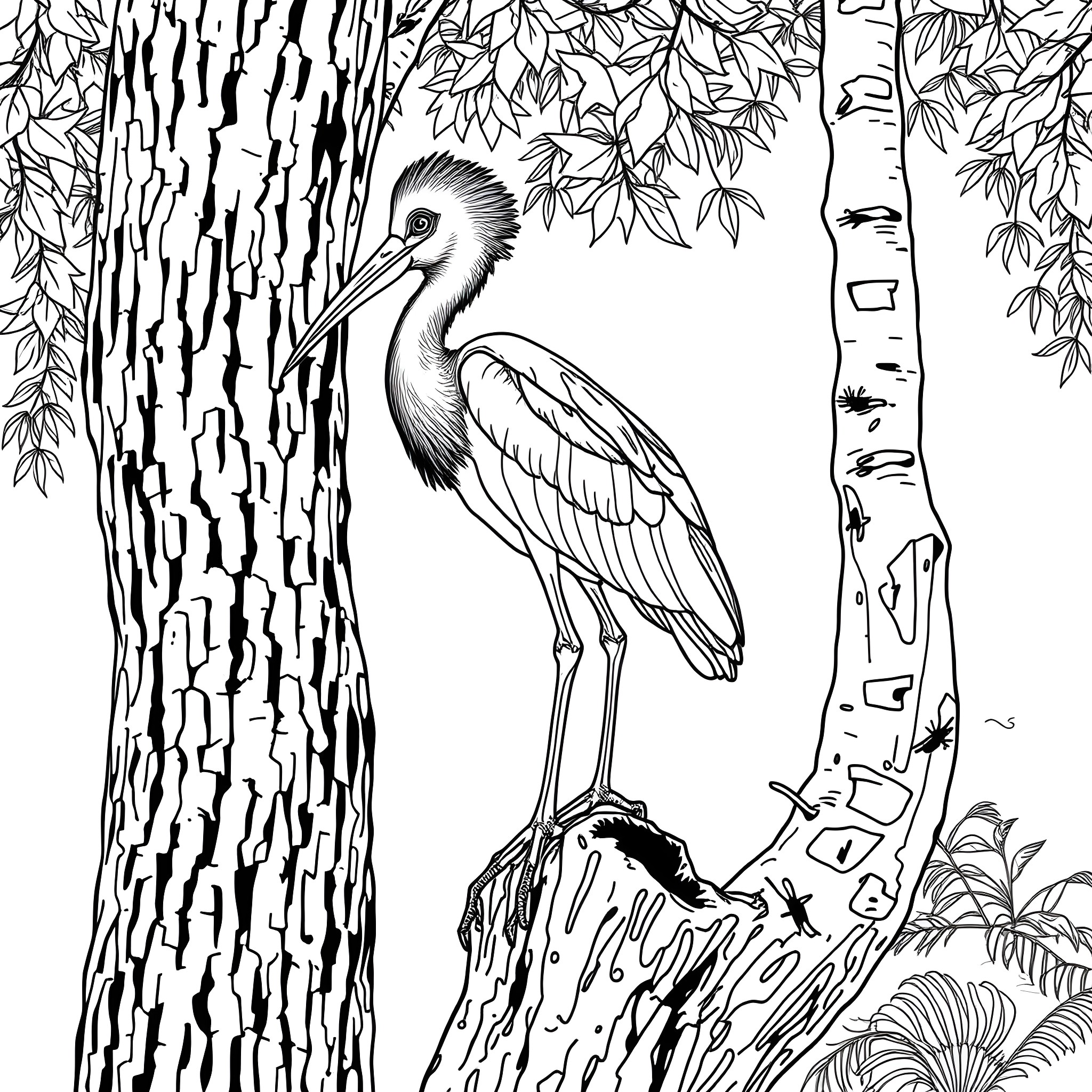 Ibis standing on a tree stump in the forest Coloring Page (free black-and-white line drawing printable PDF for all, from beginners to advanced learners, including children, teens, adults, and seniors)