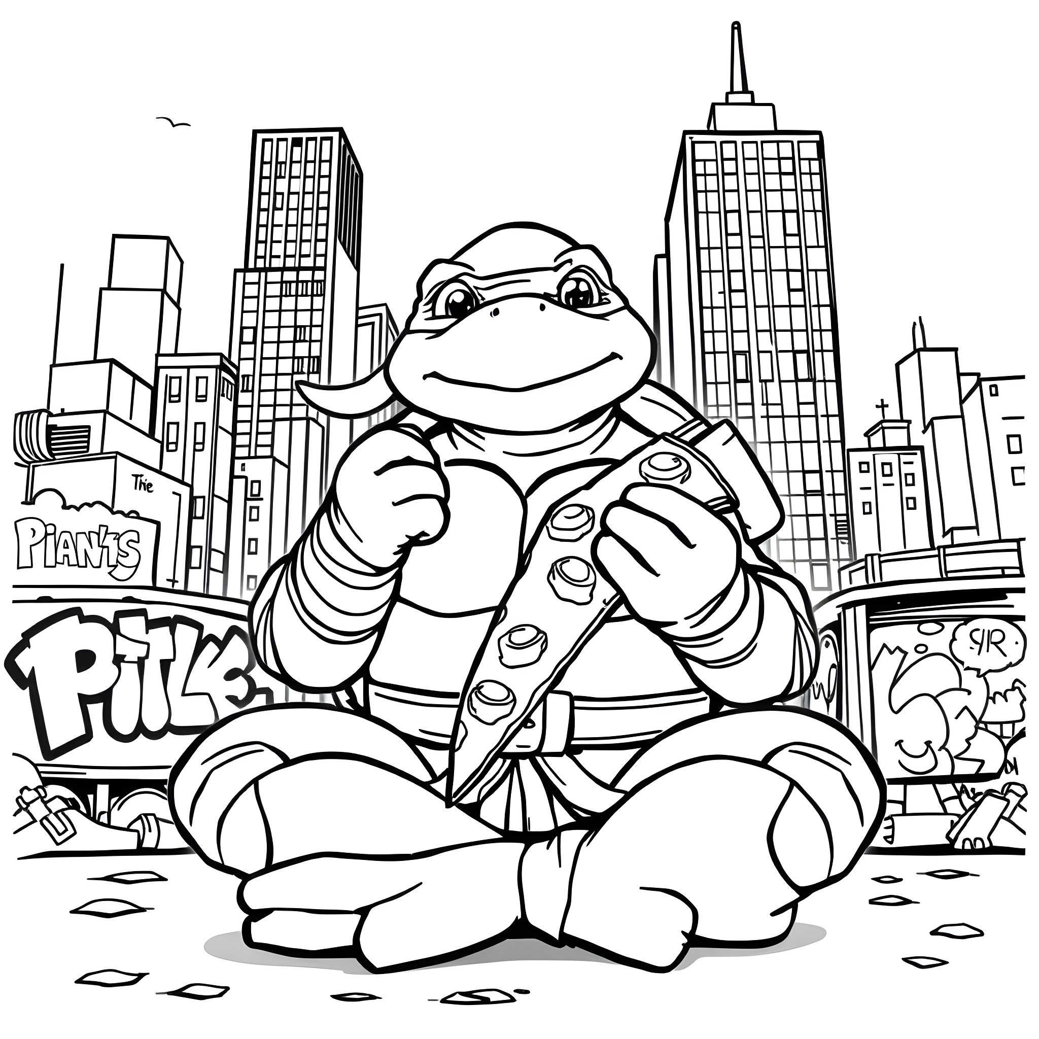 Ninja Turtle sitting in a cityscape Coloring Page (free black-and-white line drawing printable PDF for all, from beginners to advanced learners, including children, teens, adults, and seniors)