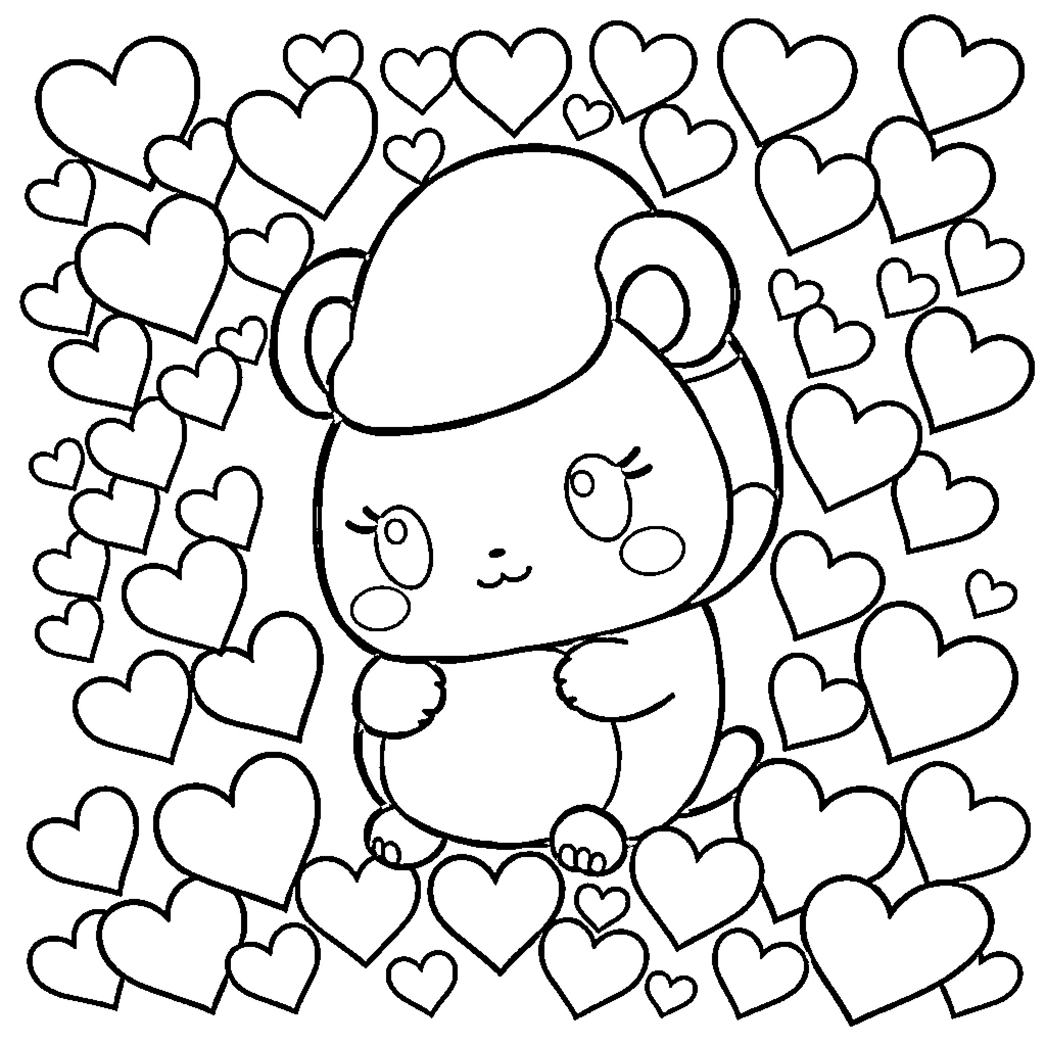 Cinnamonroll surrounded by hearts Coloring Page (free black-and-white line drawing printable PDF for all, from beginners to advanced learners, including children, teens, adults, and seniors)