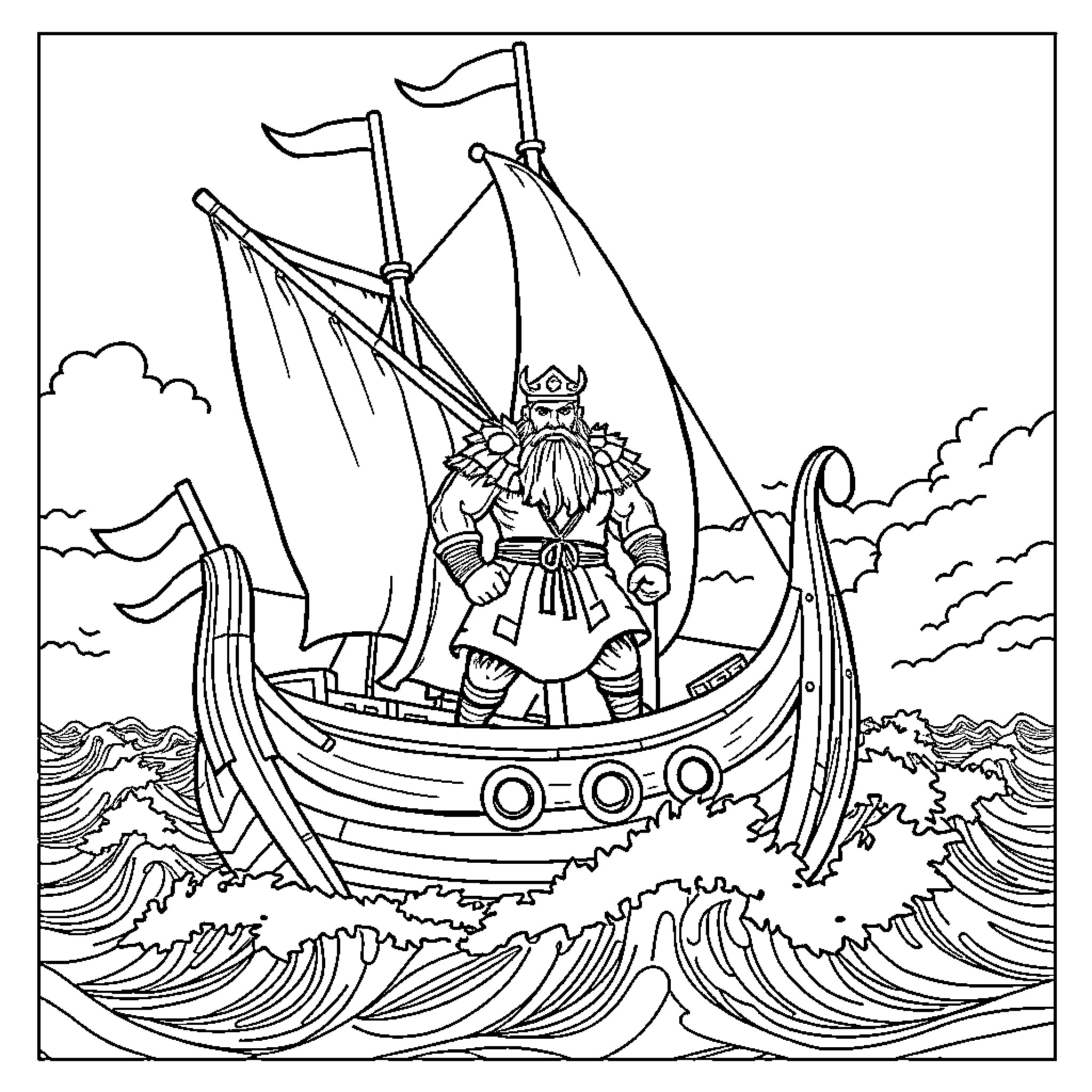 Viking warrior sailing on a longship in rough seas Coloring Page (free black-and-white line drawing printable PDF for all, from beginners to advanced learners, including children, teens, adults, and seniors)