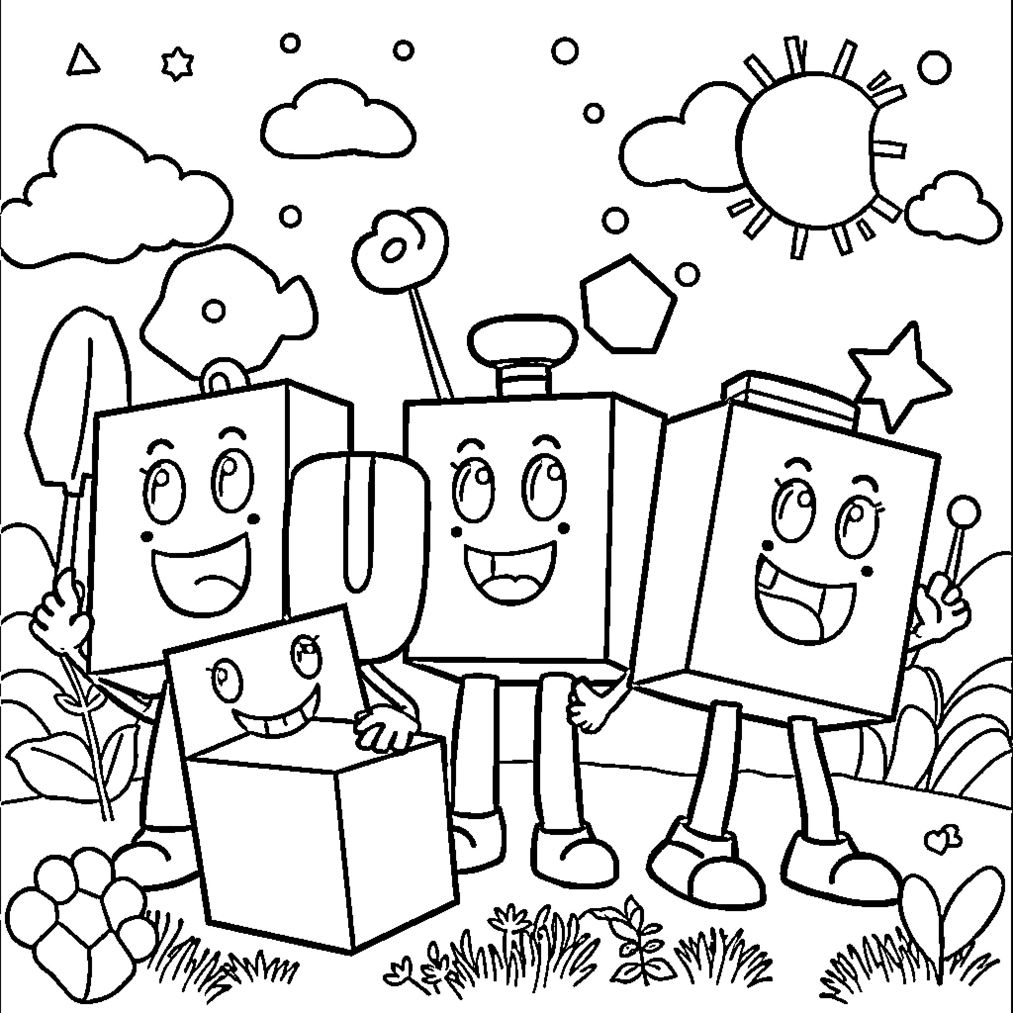 Numberblocks celebrating in a colorful outdoor scene Coloring Page (free black-and-white line drawing printable PDF for all, from beginners to advanced learners, including children, teens, adults, and seniors)