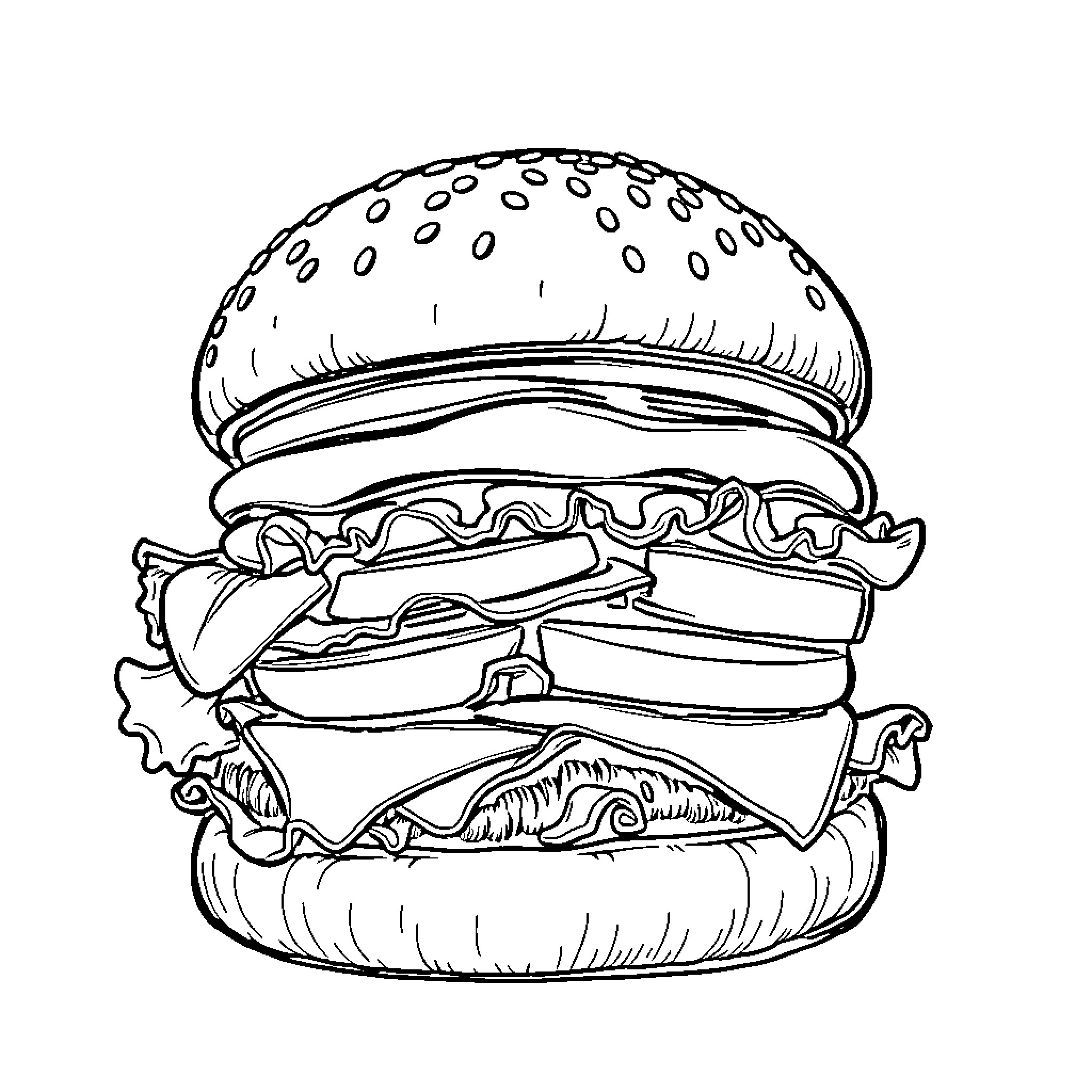 Burger with delicious ingredients Coloring Page (free black-and-white line drawing printable PDF for all, from beginners to advanced learners, including children, teens, adults, and seniors)