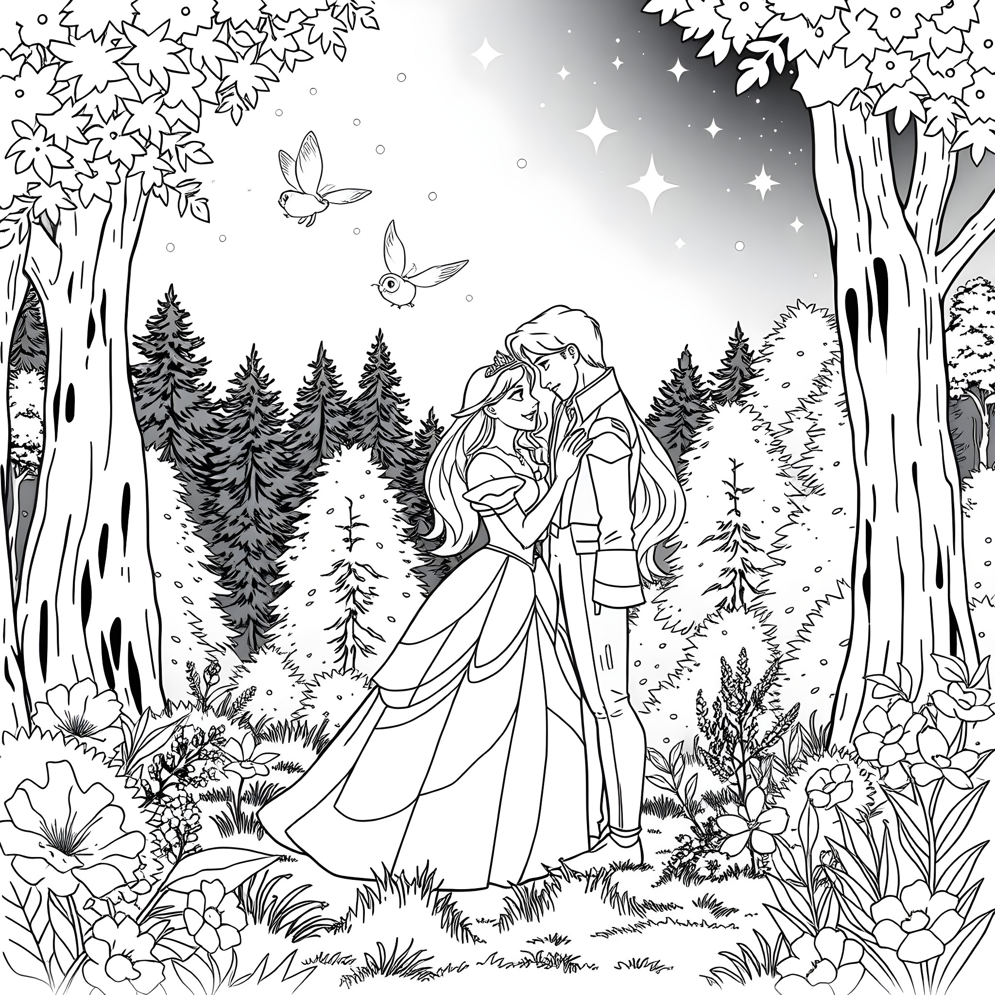 Aurora's Enchanting Winter Romance Coloring Page (free black-and-white line drawing printable PDF for all, from beginners to advanced learners, including children, teens, adults, and seniors)