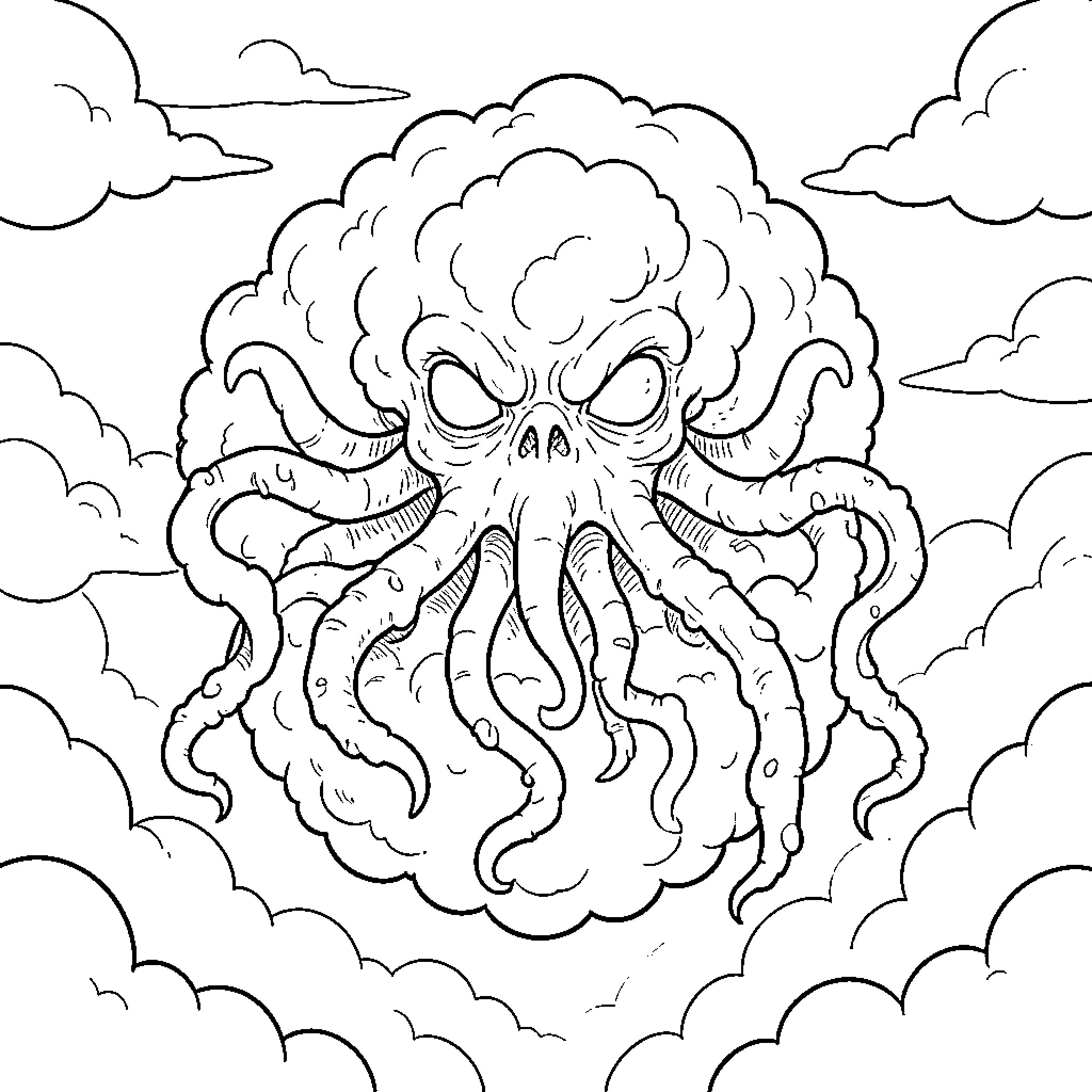 MindFlayer Emerging from Cloudy Skies Coloring Page (free black-and-white line drawing printable PDF for all, from beginners to advanced learners, including children, teens, adults, and seniors)