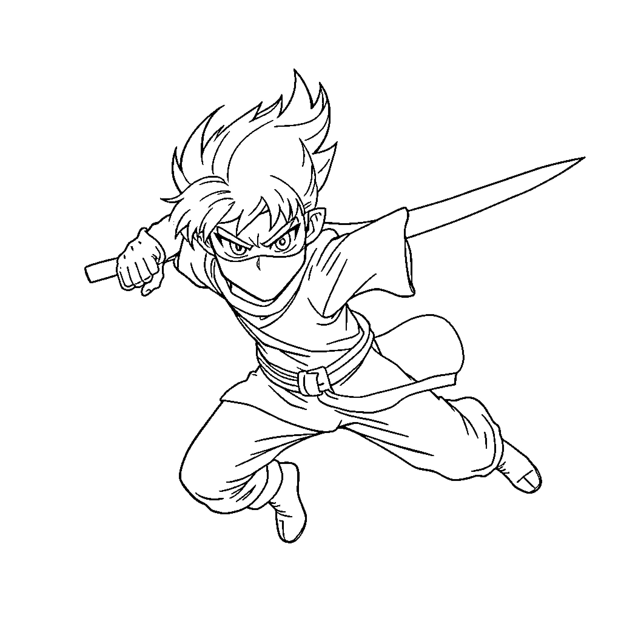Ninja in fierce fighting stance with sword Coloring Page (free black-and-white line drawing printable PDF for all, from beginners to advanced learners, including children, teens, adults, and seniors)