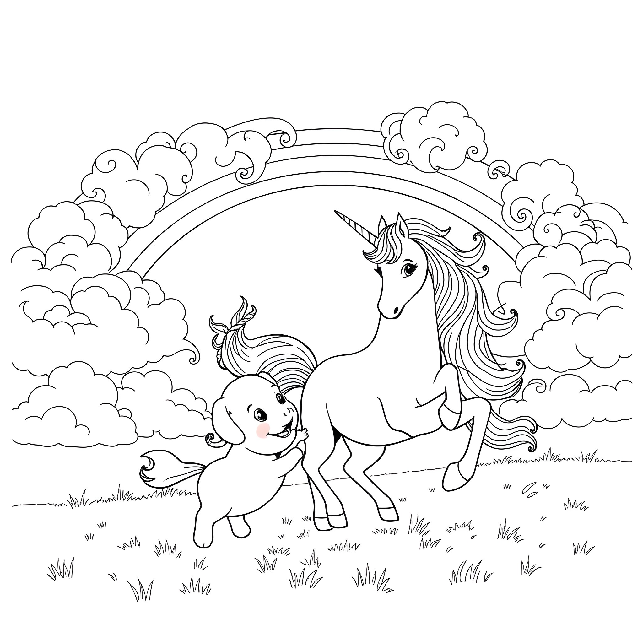 Puppy Frolicking with a Magical Unicorn in the Clouds Coloring Page (free black-and-white line drawing printable PDF for all, from beginners to advanced learners, including children, teens, adults, and seniors)
