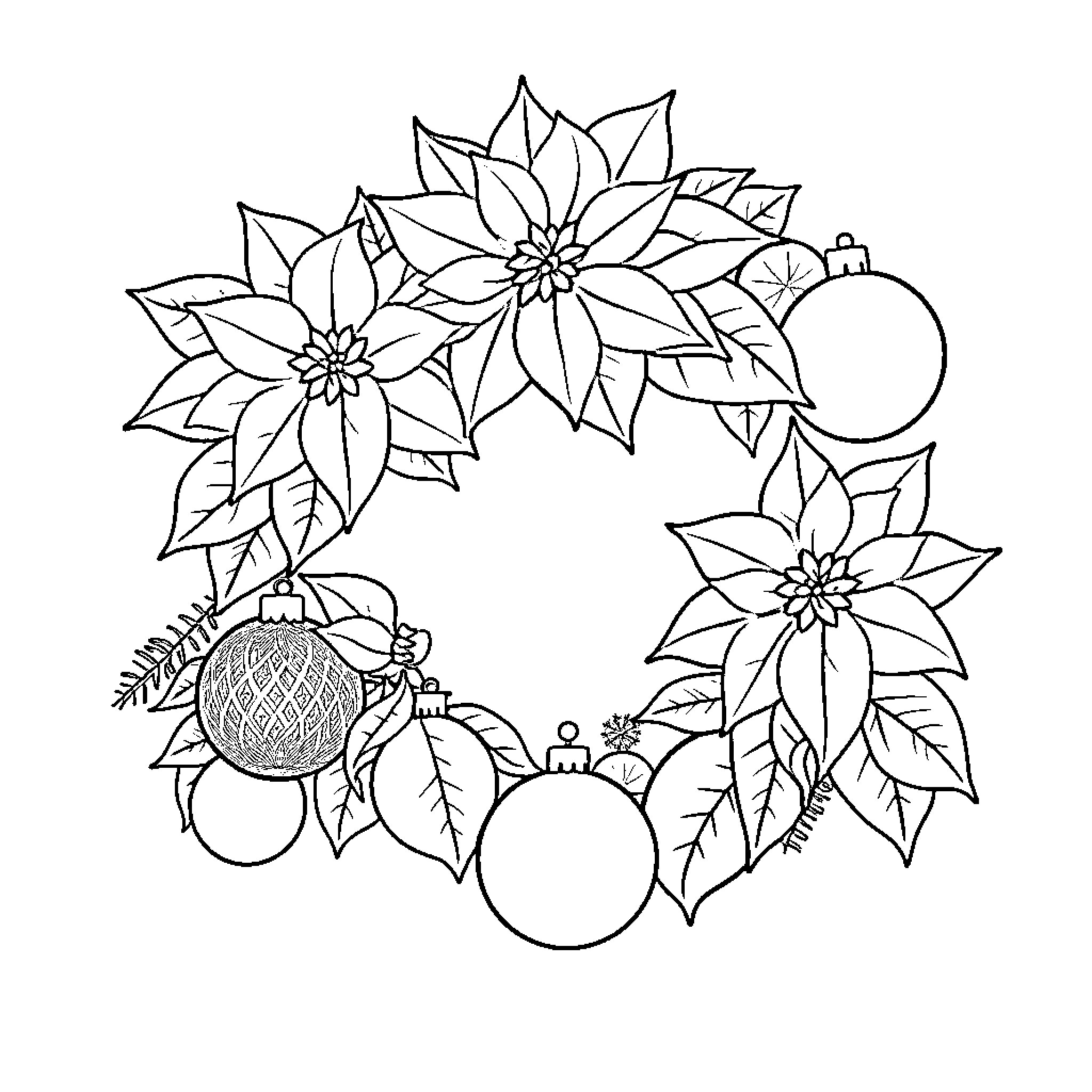 Poinsettia floral wreath with Christmas ornaments Coloring Page (free black-and-white line drawing printable PDF for all, from beginners to advanced learners, including children, teens, adults, and seniors)