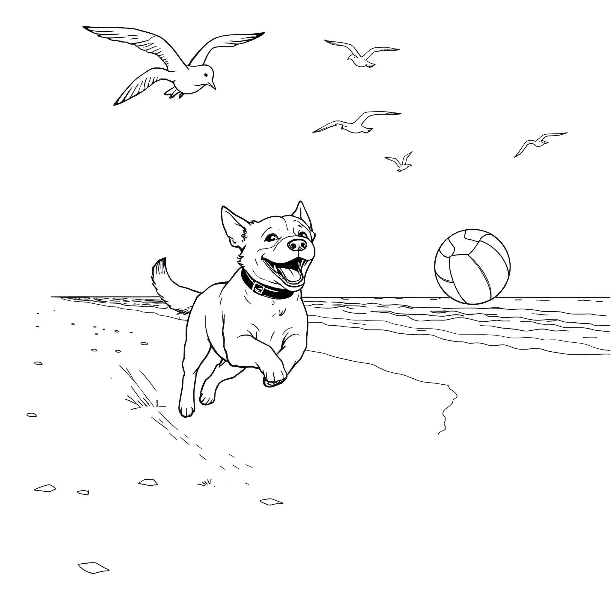 Dog playing joyfully on the beach Coloring Page (free black-and-white line drawing printable PDF for all, from beginners to advanced learners, including children, teens, adults, and seniors)